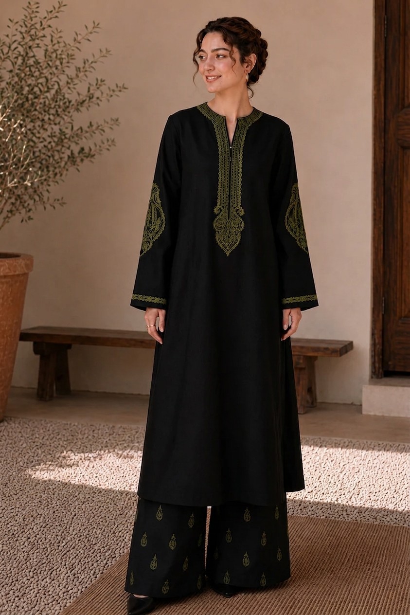 Pakistani Black Olive Embroidered Lawn Stitched Suit 2Pc 3Pc Dress Women