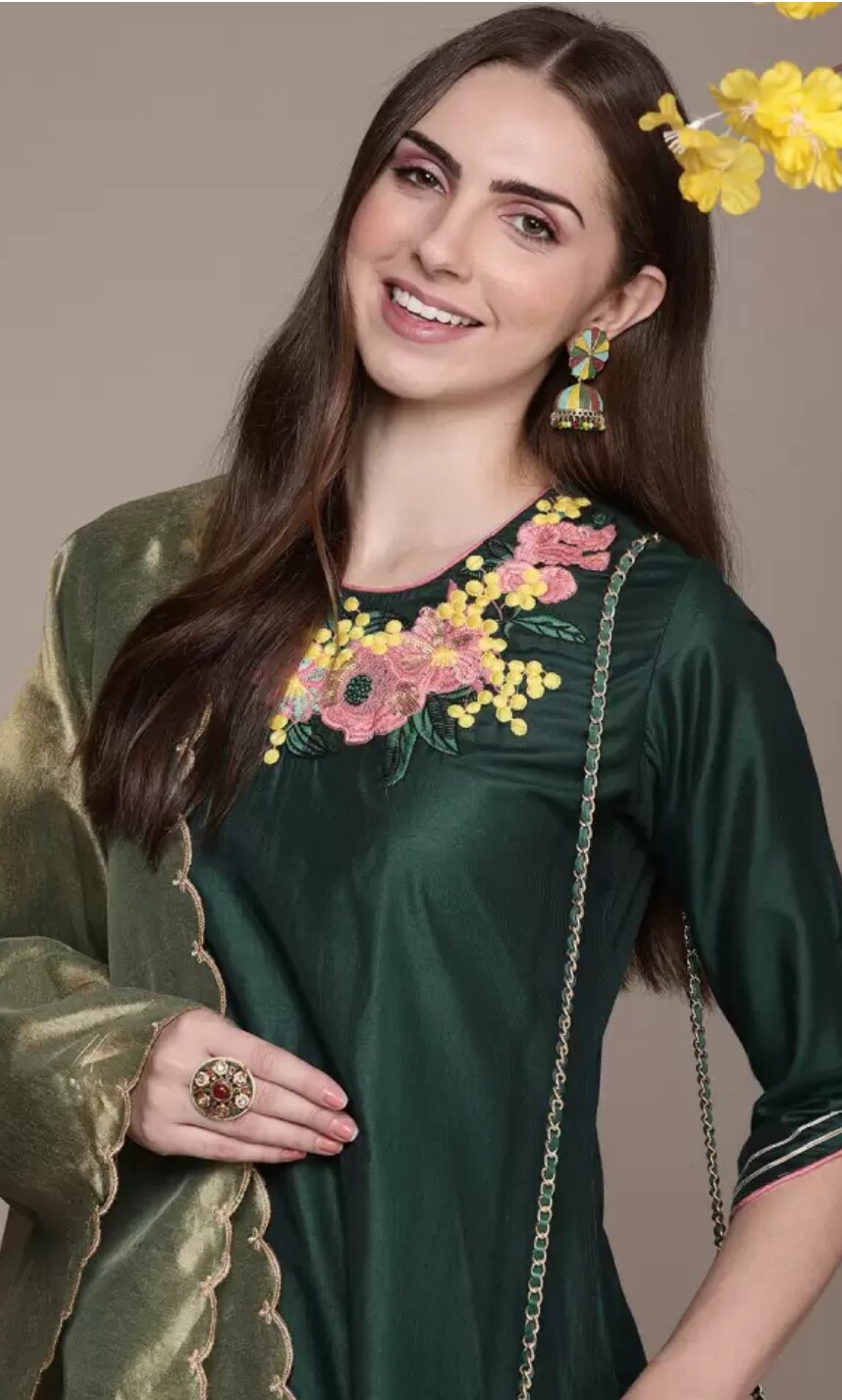 Women Teal Floral Embroidered Thread Work Liva Kurta with Palazzos & Dupatta