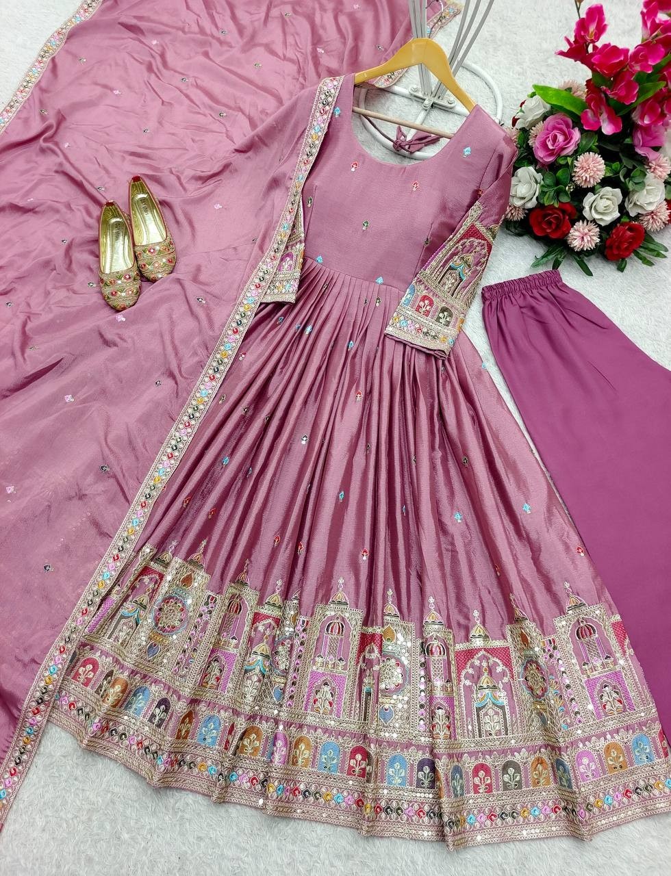 New Pink Chinnon Silk Salwar Kameez With Dupatta For Indian Wedding