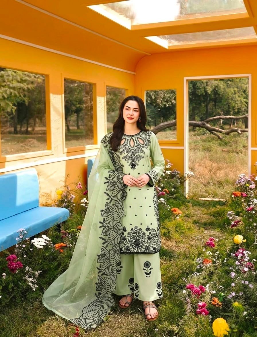 Indian Pure Cotton Light Pistachio Green Embroidered Kurti Pant Dupatta Set
