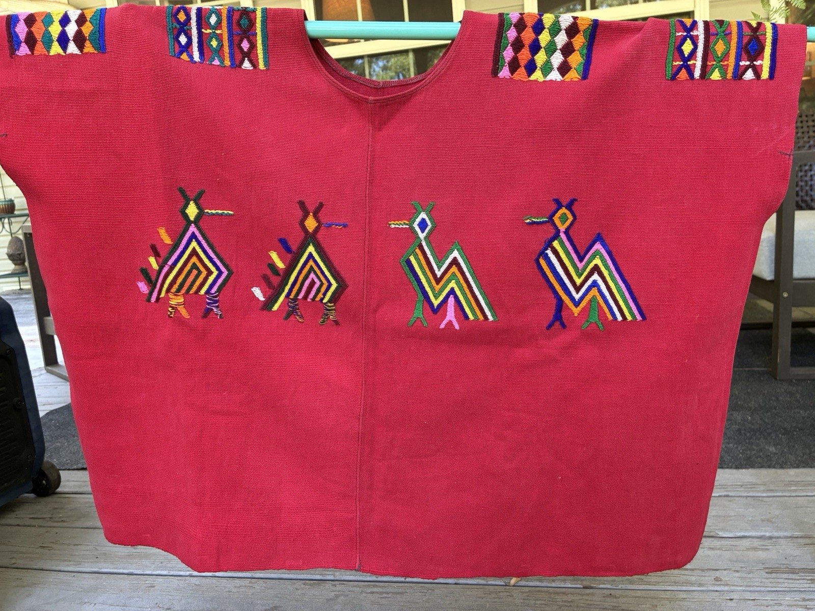 Vintage Guatemalan Huipil Poncho Textile Mayan Red Birds Embroidered Heavy Sz L