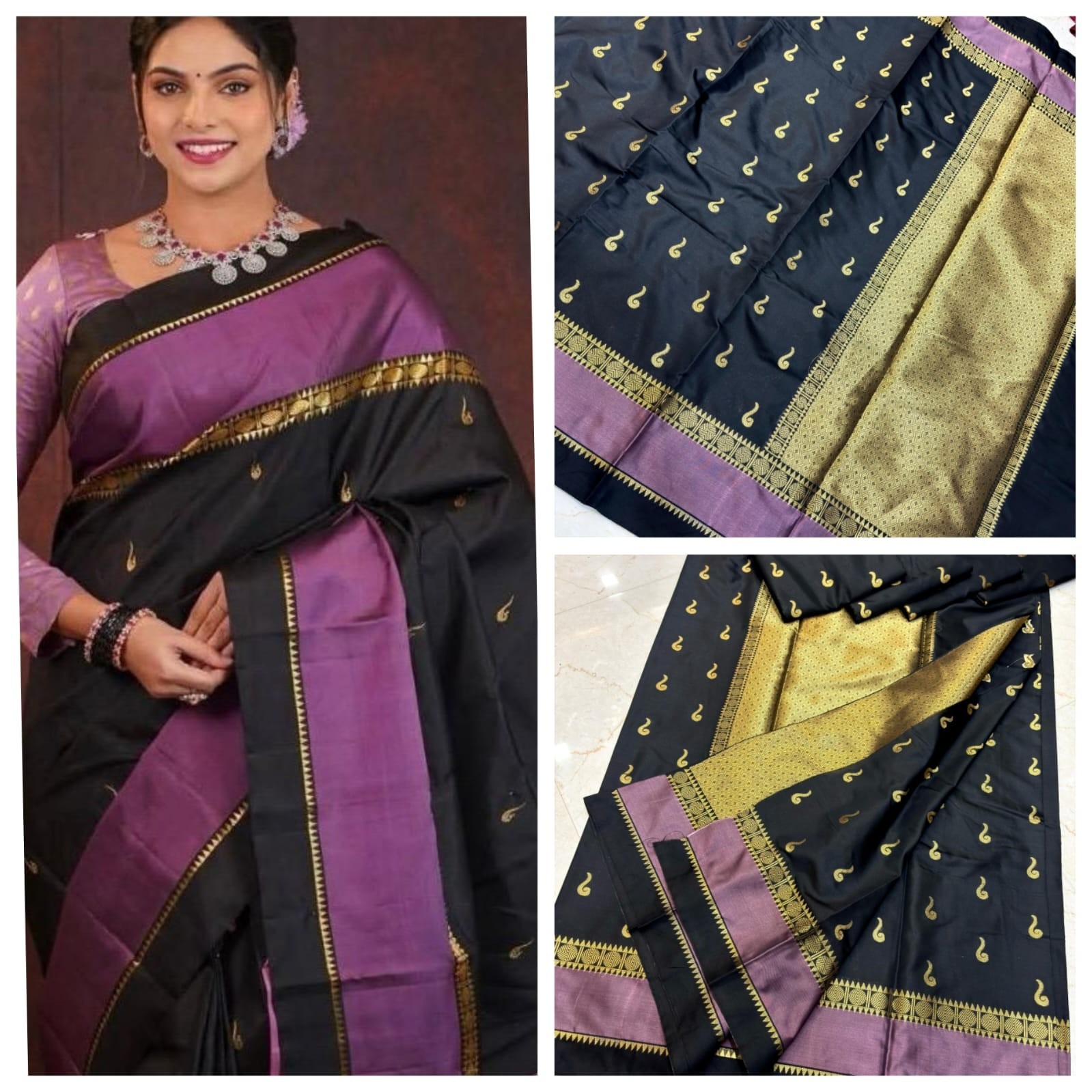 banarasi Soft Katan Silk Style Saree with Golden Zari Weaving & Contrast Border