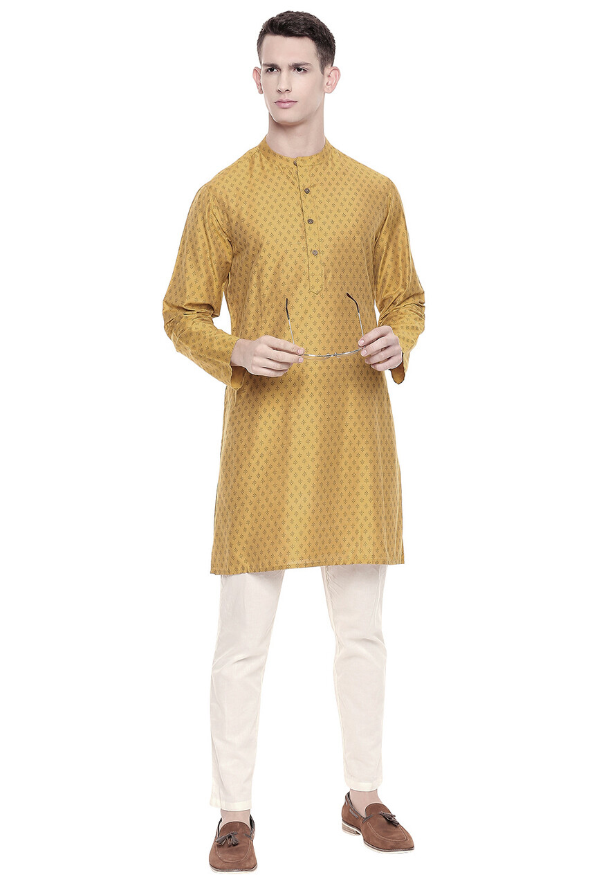 In-Sattva Men’s Mandarin Collar Micro Dobby Fine Print Mustard Kurta Tunic