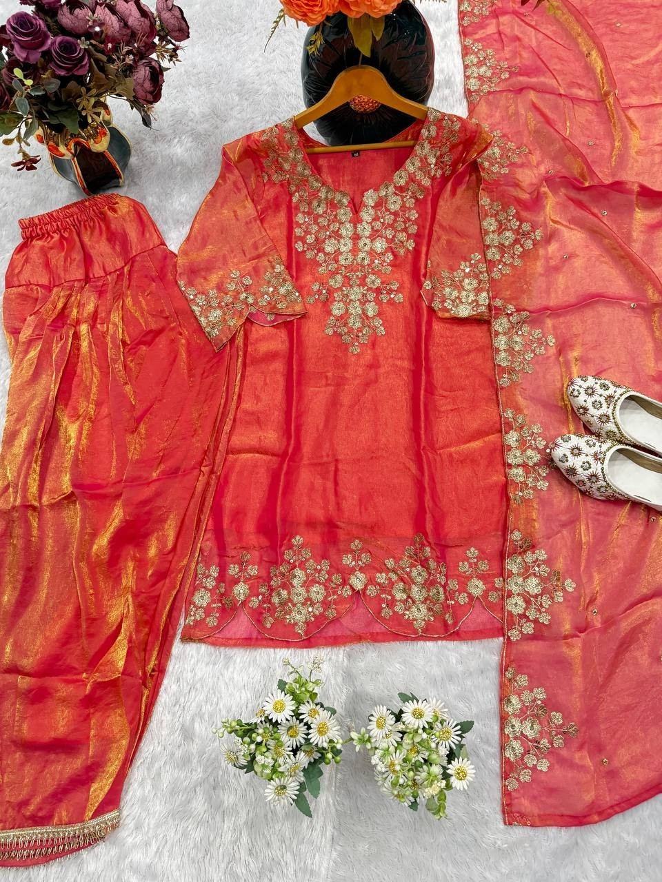 Presenting New Heavy Satin Orange Top Bottom With Dupatta For Wedding Wear