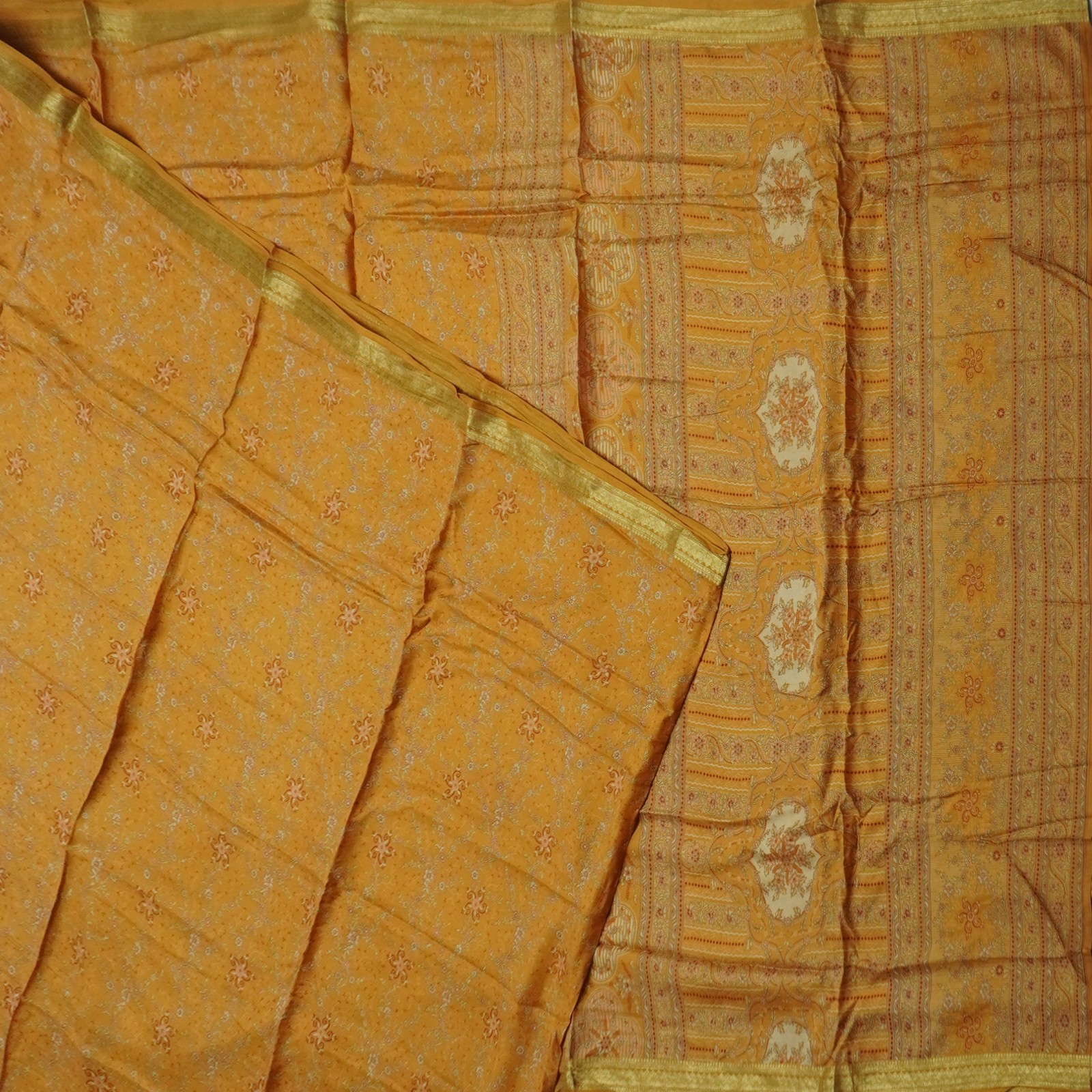 Vintage Mustard Sarees 100% Pure Silk Printed Zari Border Sari 6YD Craft Fabric