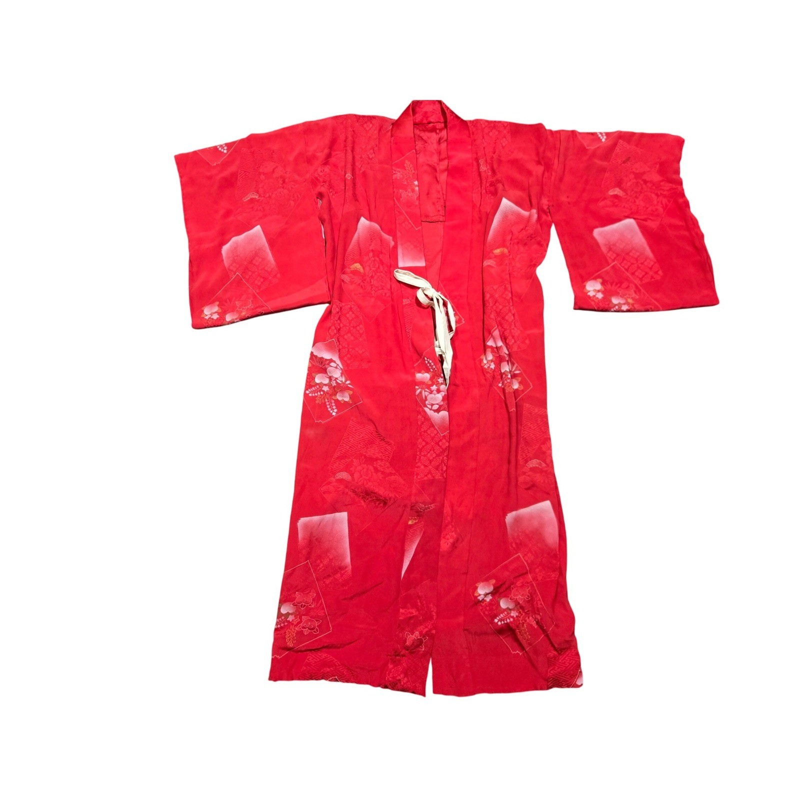 Vintage Red Japanese Kimono Robe Floral Print Silk Blend Yukata Style One Size