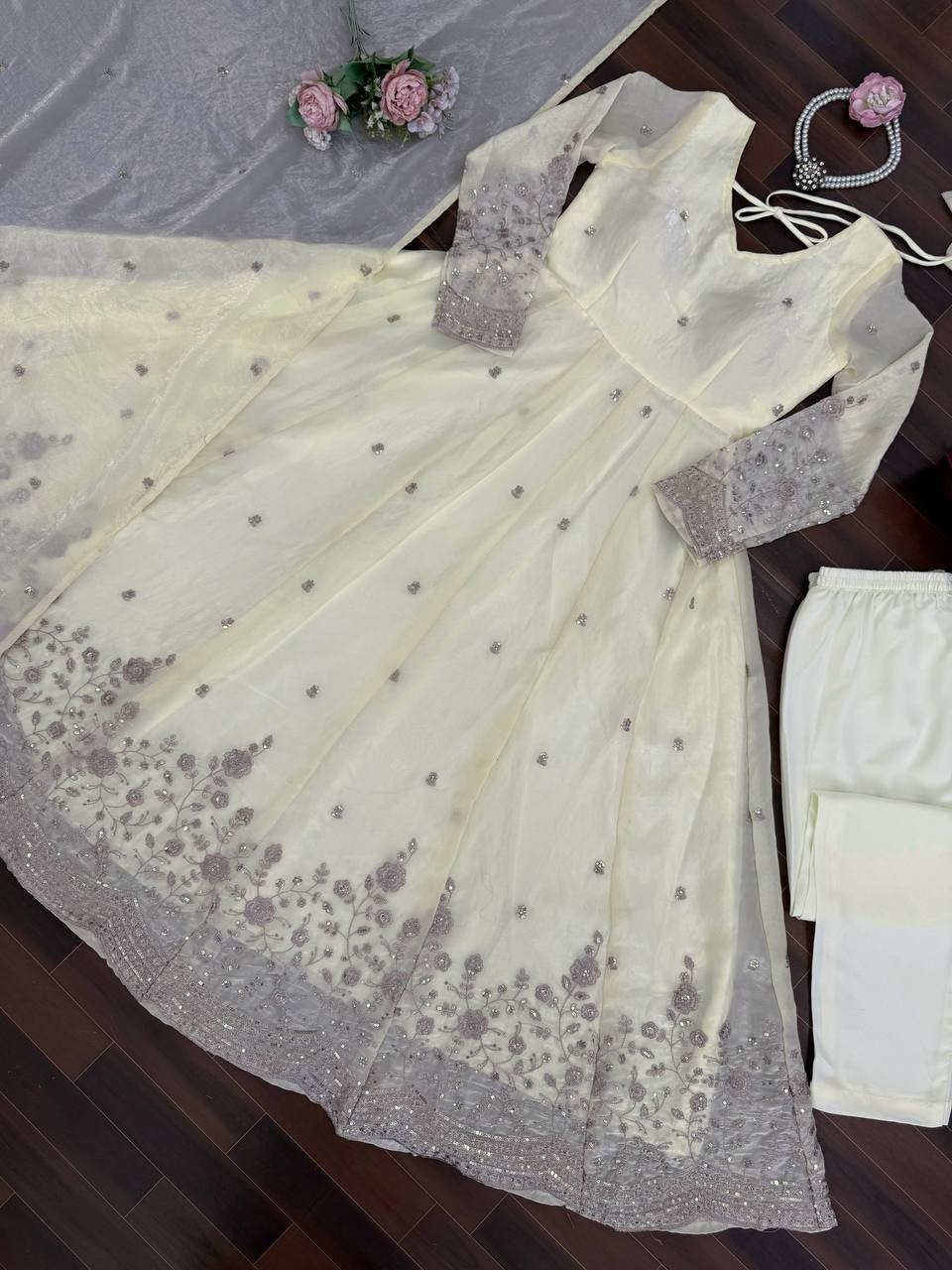 New Launching Silk Off White Gown Bottom With Dupatta For Functional Wear