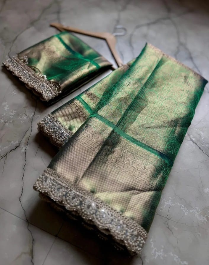 Premium Banarasi Kanchi Tissue Silk Saree Designer Lace Border Indian Wedding