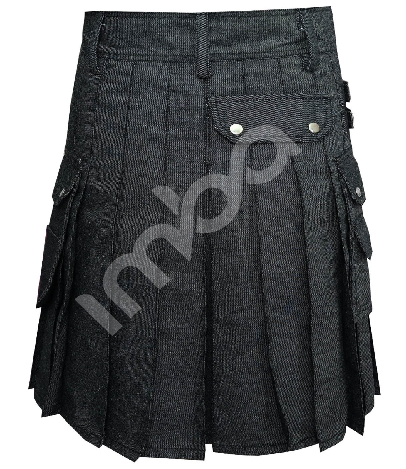 Men’s Handmade Black Denim Utility Kilt – Removable Cargo Pockets & Custom