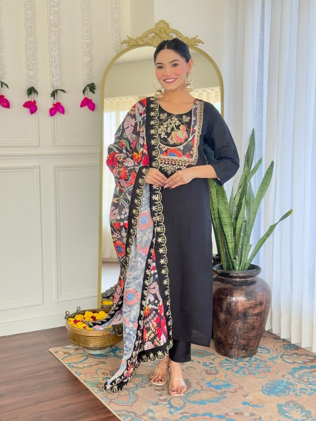 Women’s Viscose Chanderi Embroidery Work Straight Kurta, Pant and Dupatta Set