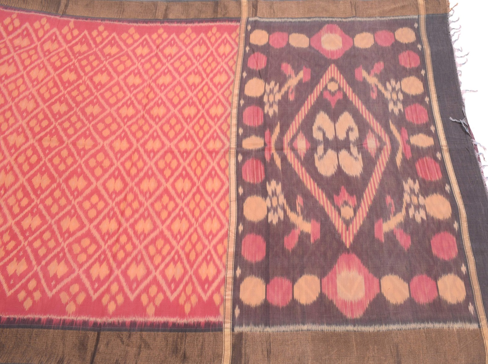 Sushila Vintage Pochampally Ikat Saree Pure Cotton Silk Hand Woven Pink Sari Fab