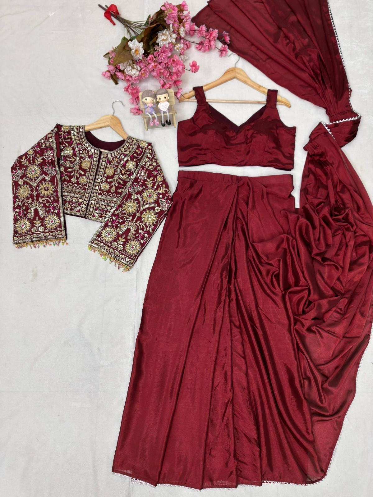 Women Maroon Embroidered Crop Jacket Blouse Palazzo Dupatta Set Designer Indo XL