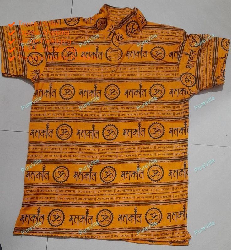 Indian Cotton Chinese Collar OM MahaKaal Desiner Half Sleeve Orange Mens Kurta