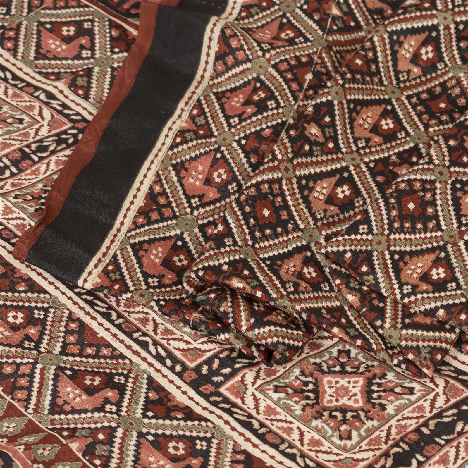 Sanskriti Vintage Sarees Coffee-Brown Animal Print Pure Silk Sari 6 Yard Fabric