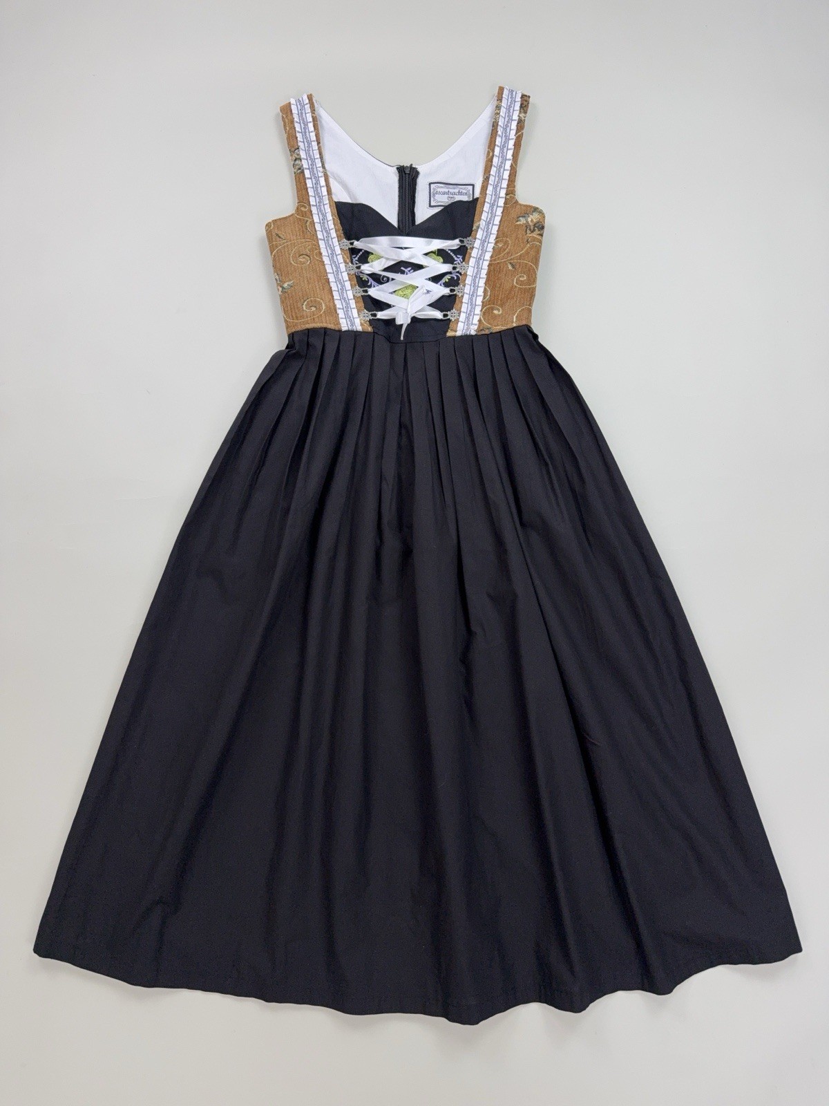 Vintage Oktoberfest Dirndl Dress Long 100% Cotton Bavarian XS Brown Black