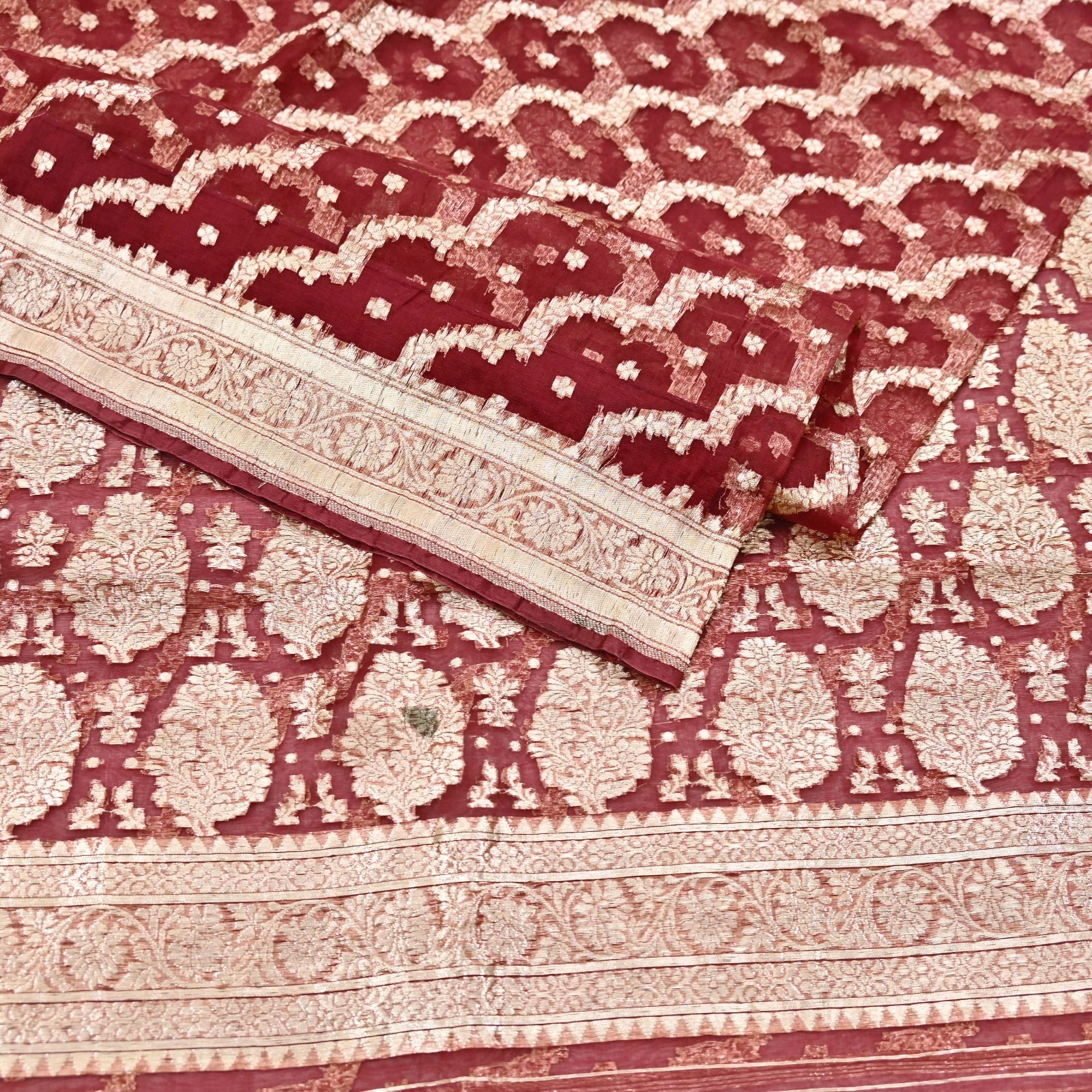 Indian Vintage Sari Heavy Maroon Pure Organza Silk Woven Brocade Banarasi Sarees