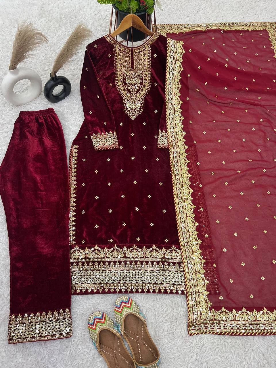 Beautiful Viscose Velvet Salwar Kameez With Faux Georgette Dupatta For Women