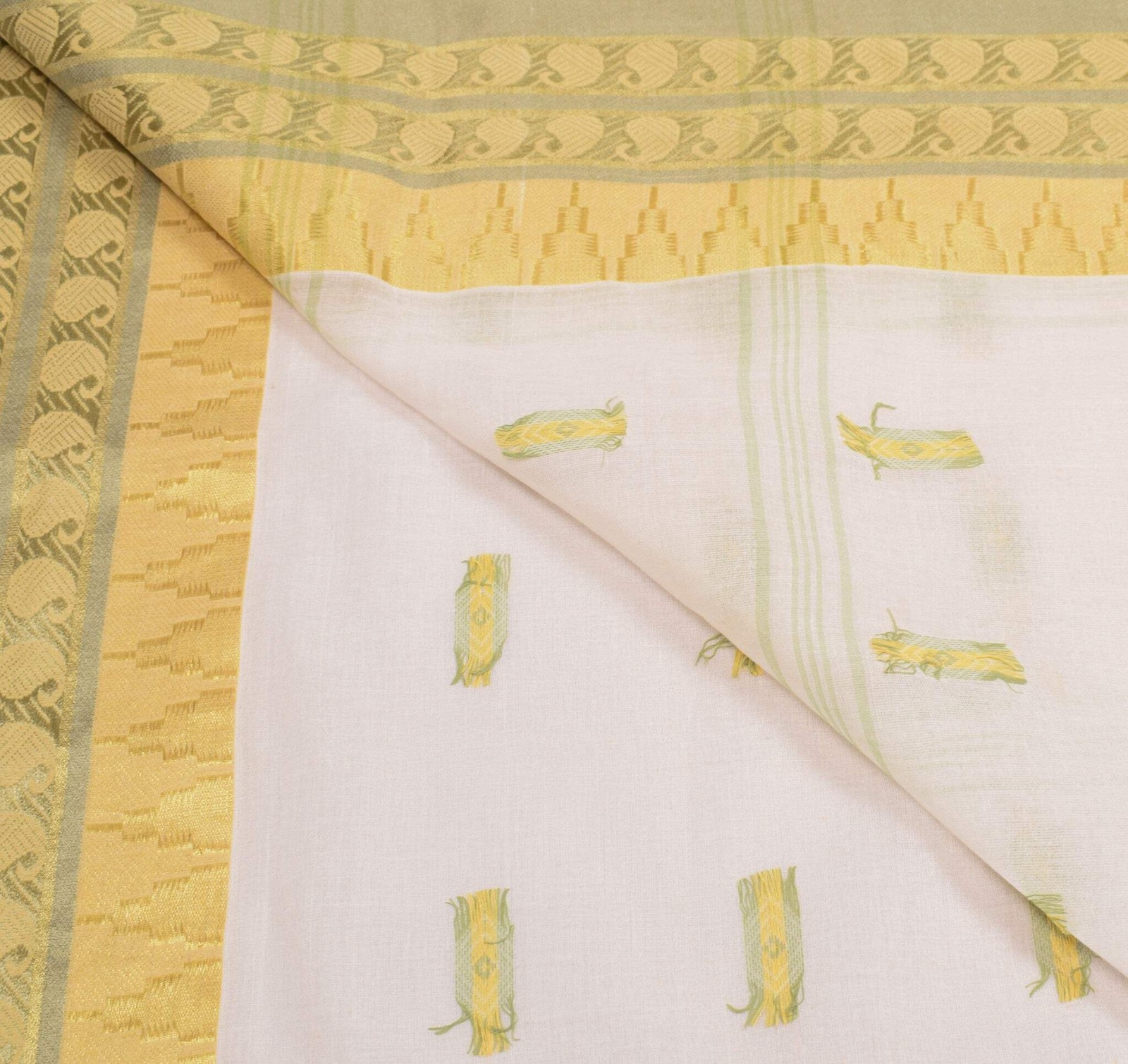 Sushila Vintage Kerala Handloom Saree Pure Cotton White Woven Sari Craft Fabric