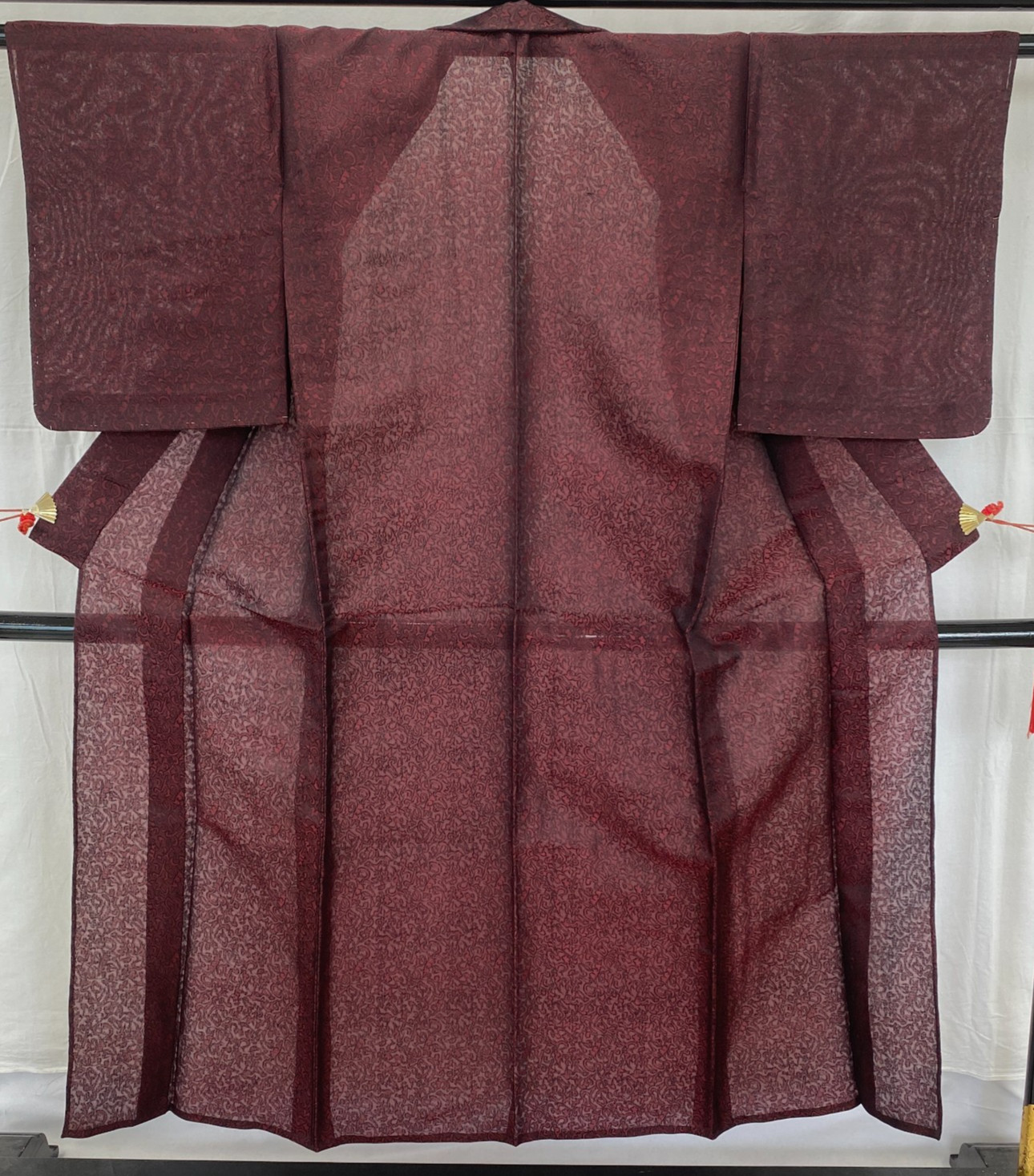 Japanese Vintage Kimono Silk Red No Lining Seethrough Traditional Length 58 in