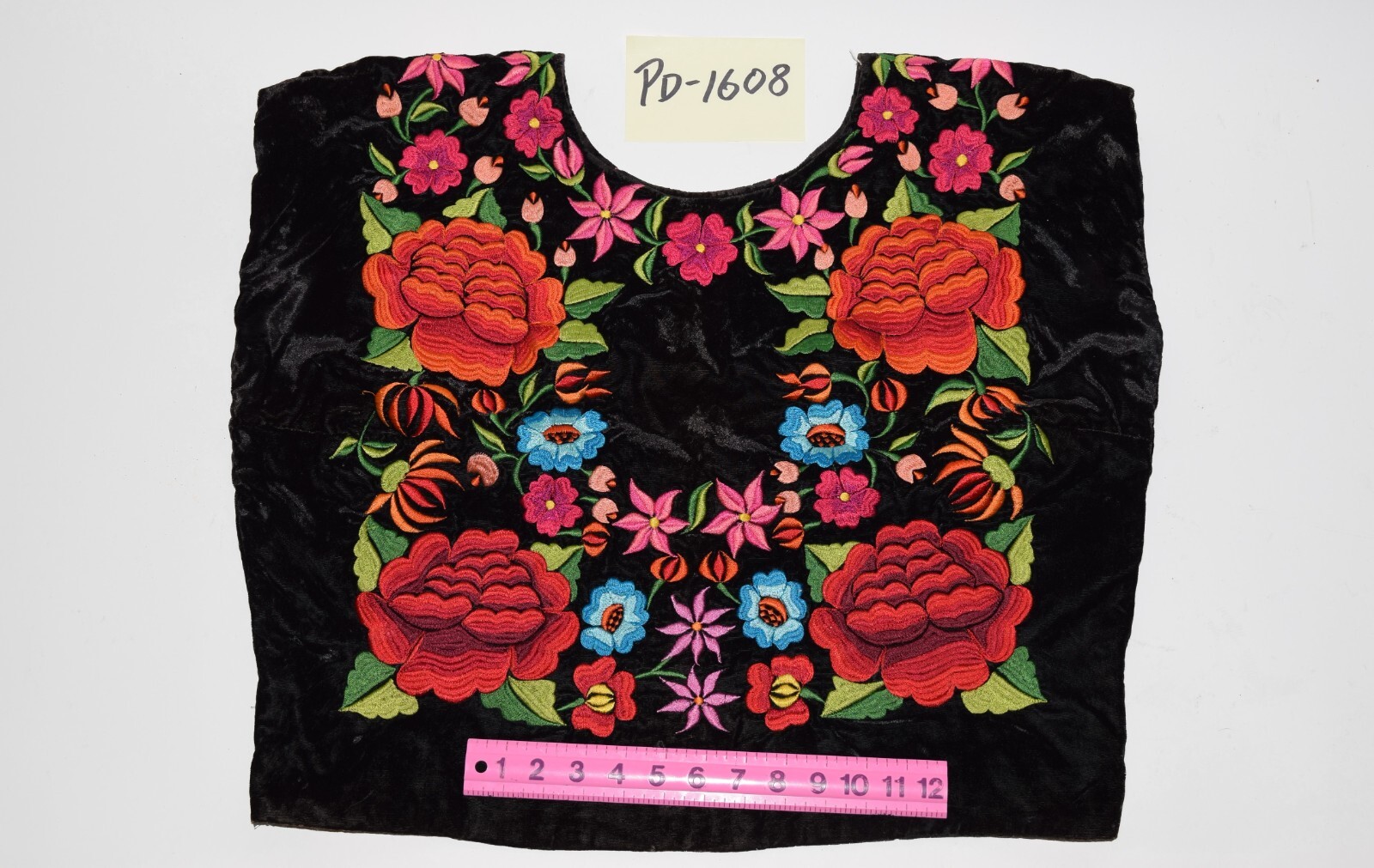 Black Velvet Mexican Folk Blouse Shirt Heavily Embroidered Multicolored Flowers