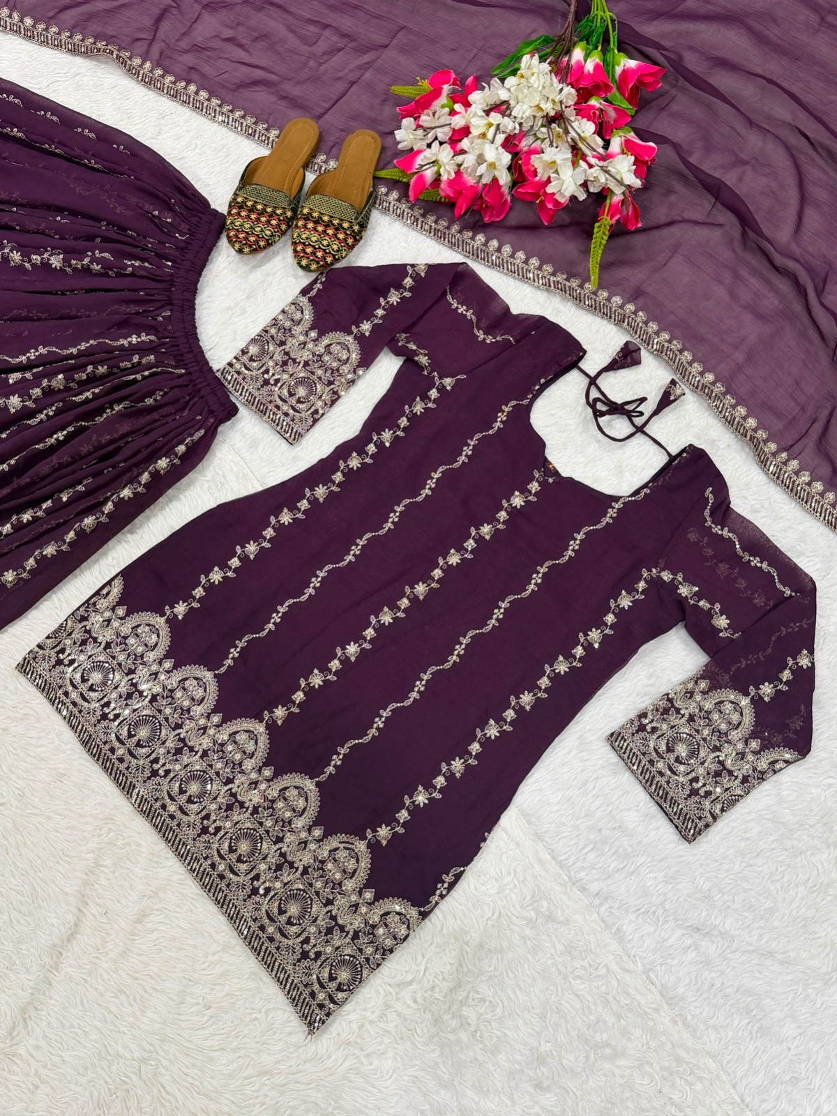 Women’s Crunchy Silk Sharara Suit Set Embroidered Kurta Dupatta Party Wear