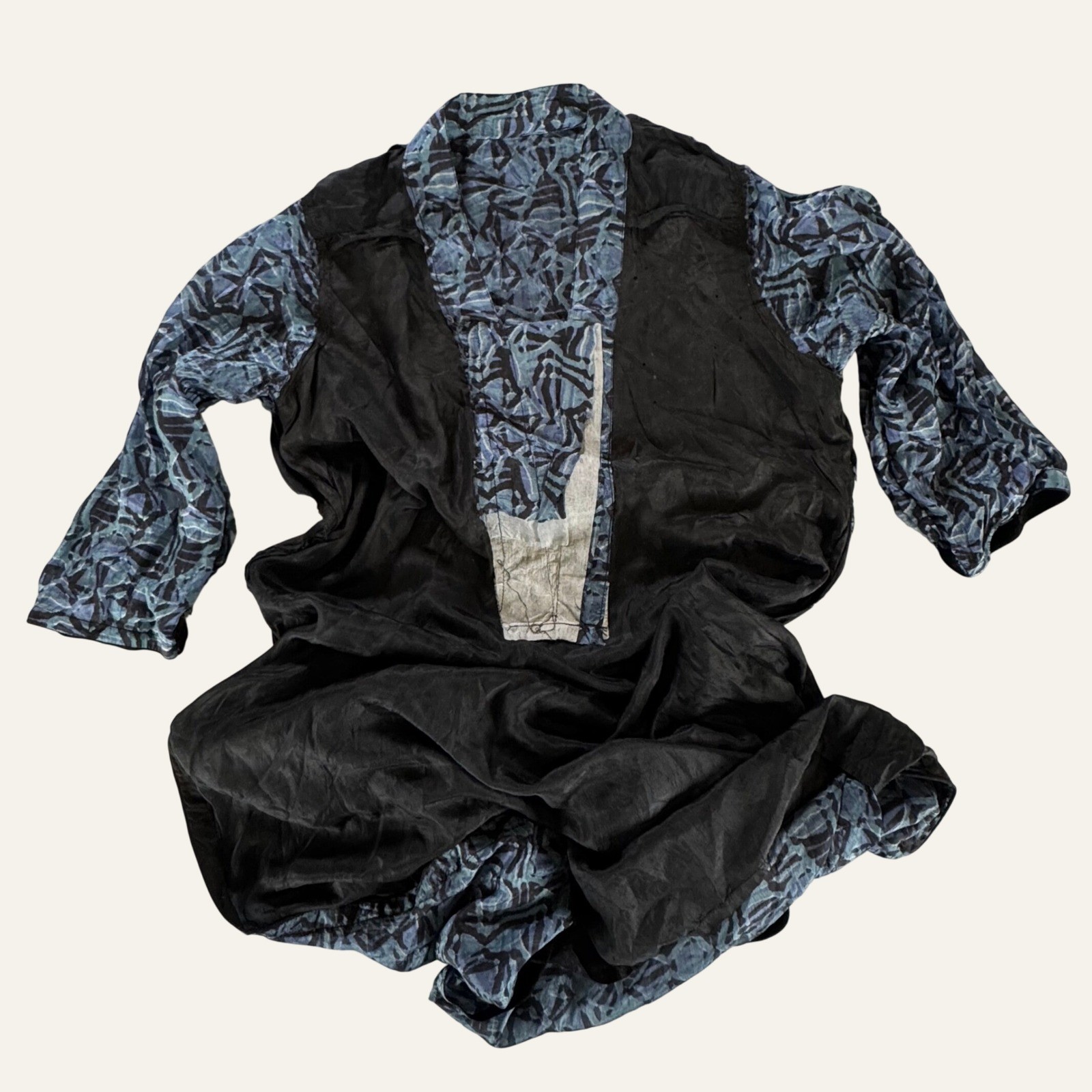 Vintage Y2K Silk Kaftan Tunic Women’s L Teal Abstract Print Velvet Trim Lined