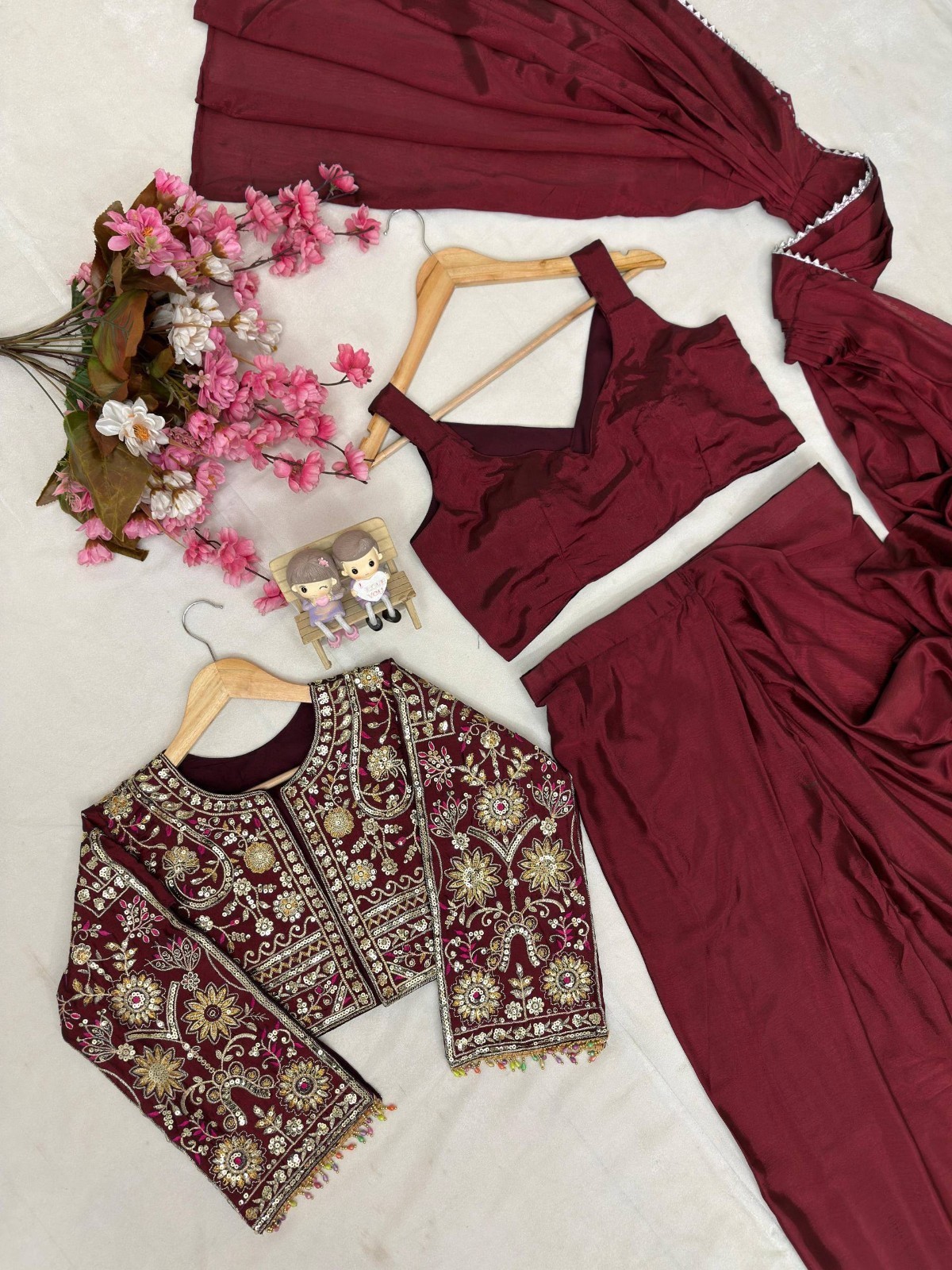 Women Maroon Embroidered Crop Jacket Blouse Palazzo Dupatta Set Designer Indo XL