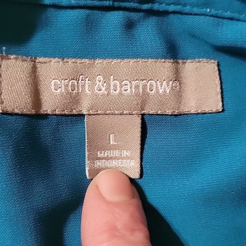 CROFT & BARROW Blue Short Sleeve Button Down Top Pleated Shawl Collar Blouse