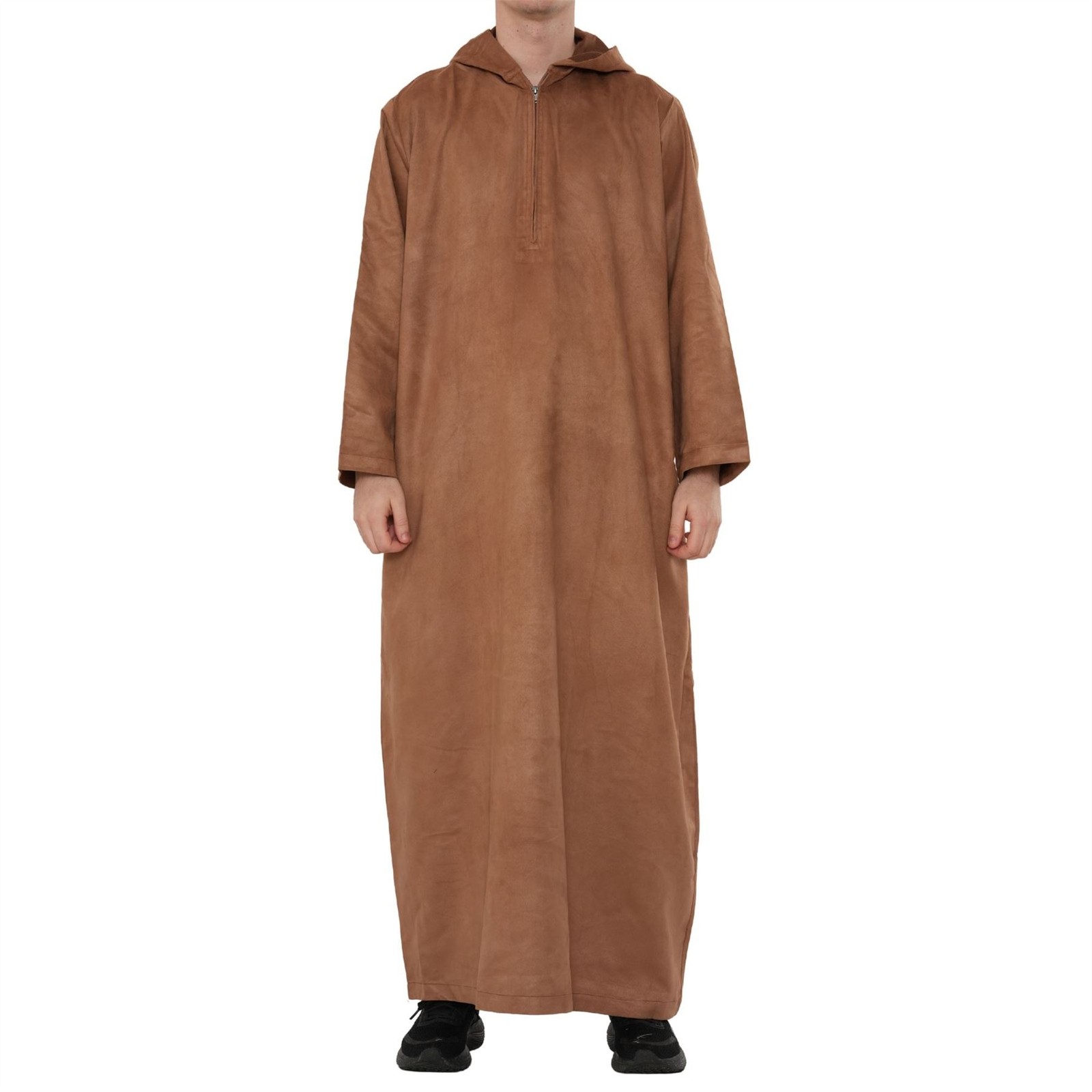 Men Camel Brown Hooded Suede Thobe Emirati Omani Zip Islamic Clothing Kaftan Eid