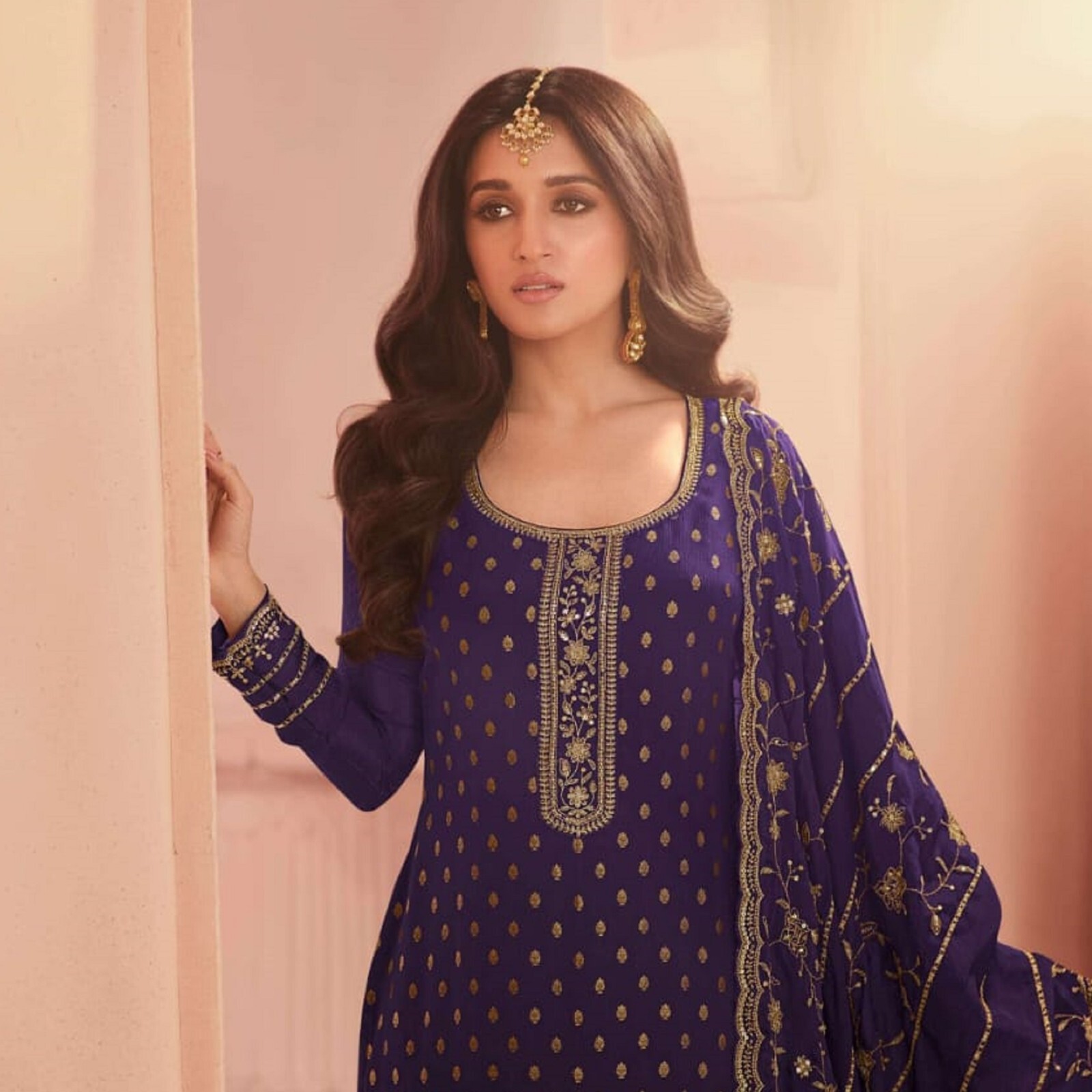 Amusing Purple Color Designer Salwar Kameez Trouser Pant Suit With Heavy Dupatta