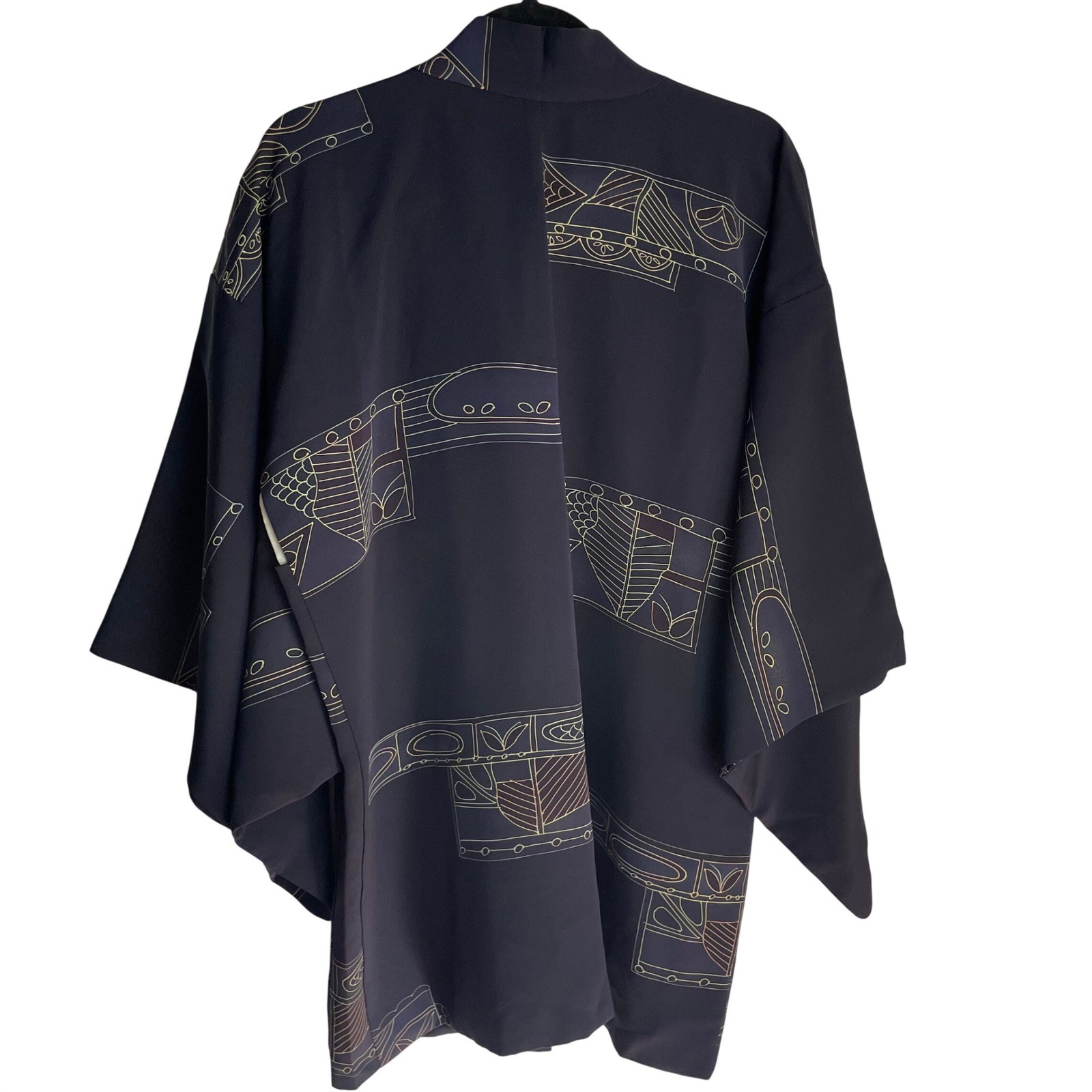 Vintage Unisex Haori Kimono Jacket Size M Navy Graphic Art Handmade Mid Length