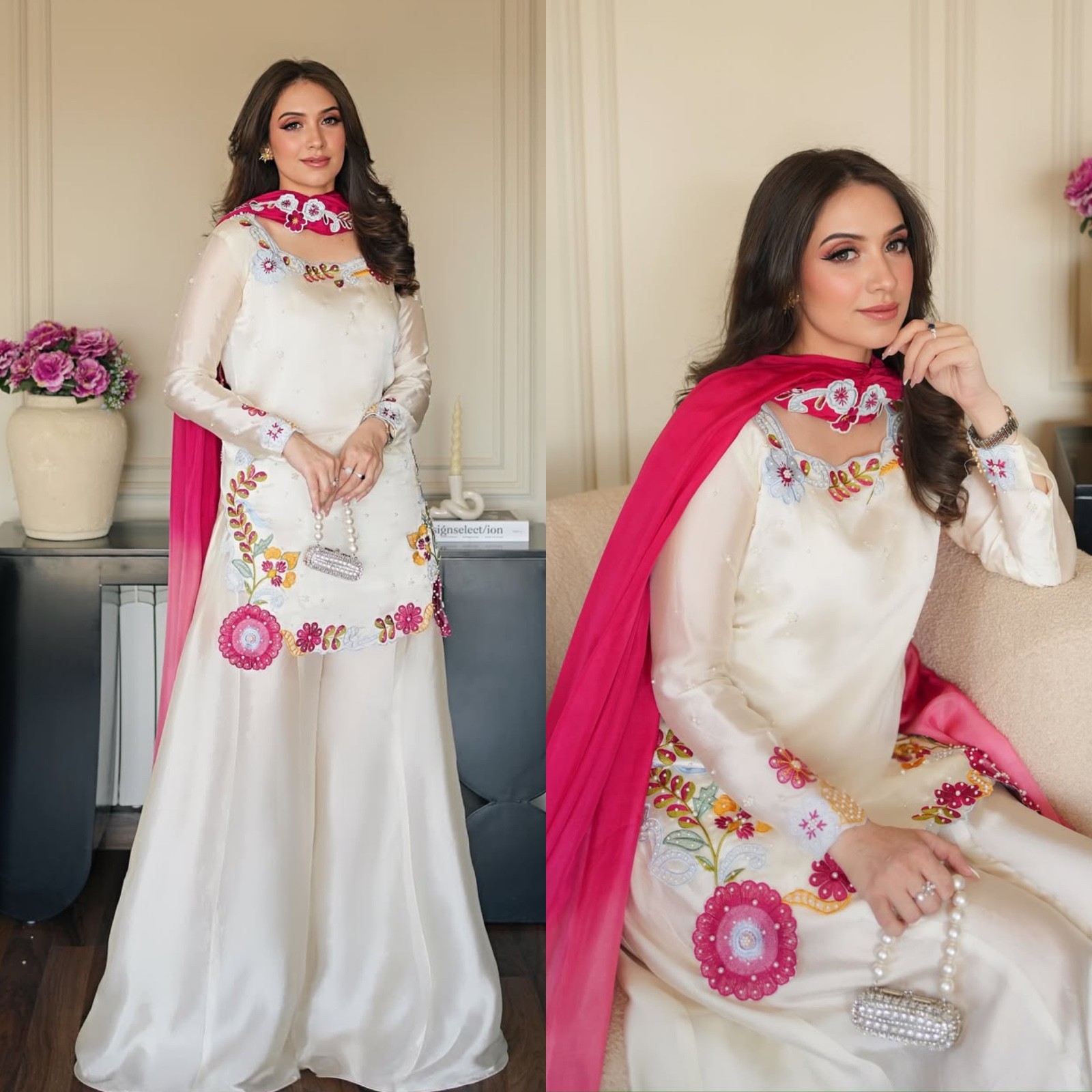 White embroidered palazzo suit with dupatta set festive and wedding