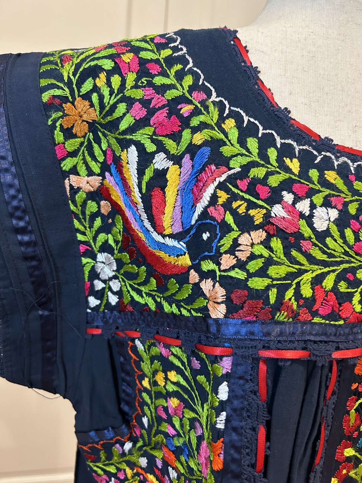 Mexican Navy Blue dress, Oaxaca dress, hand embroidery dress.