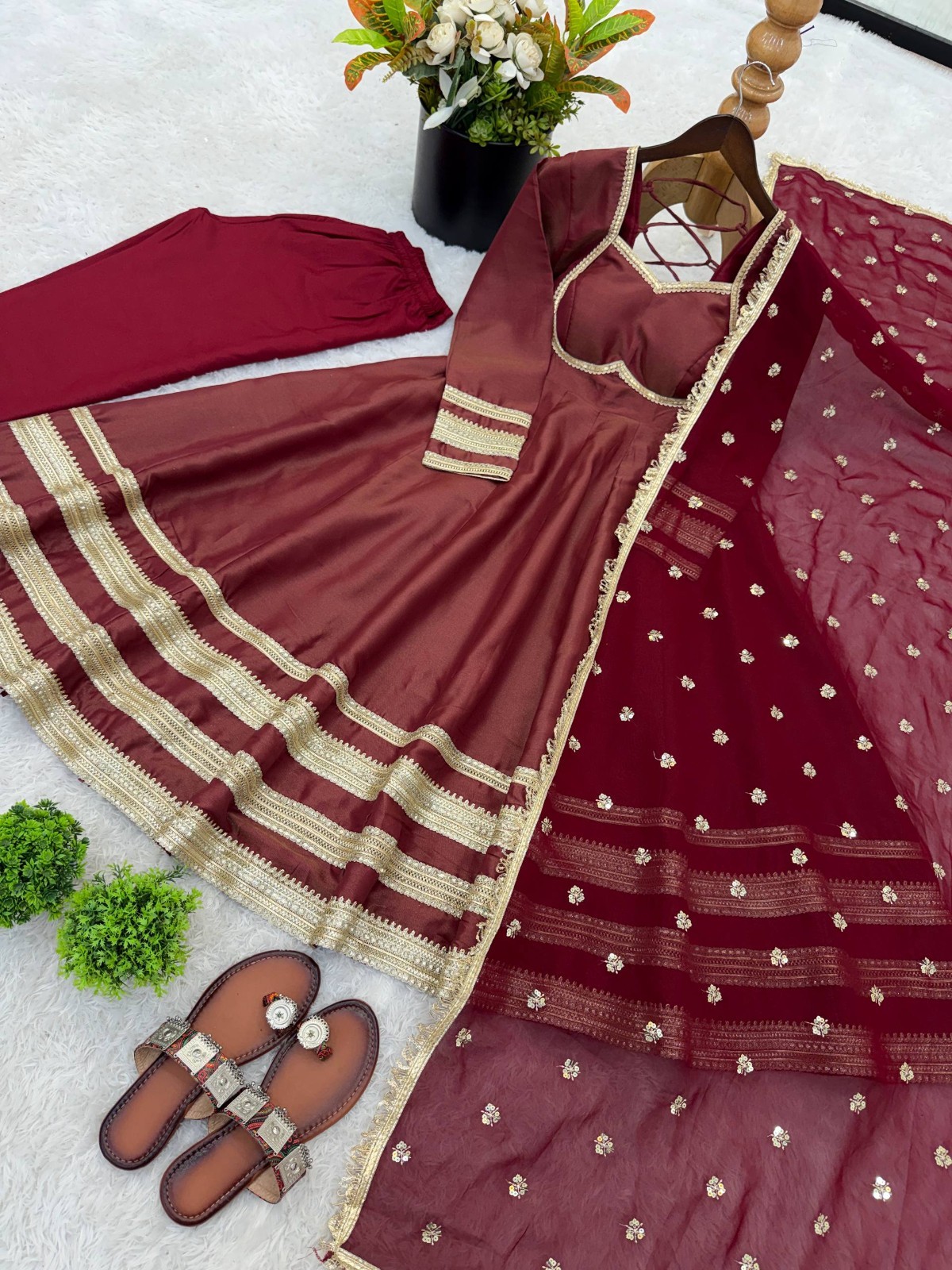 Readymade Cosmos Gold Maroon Gown Bottom With Dupatta For Function Wear