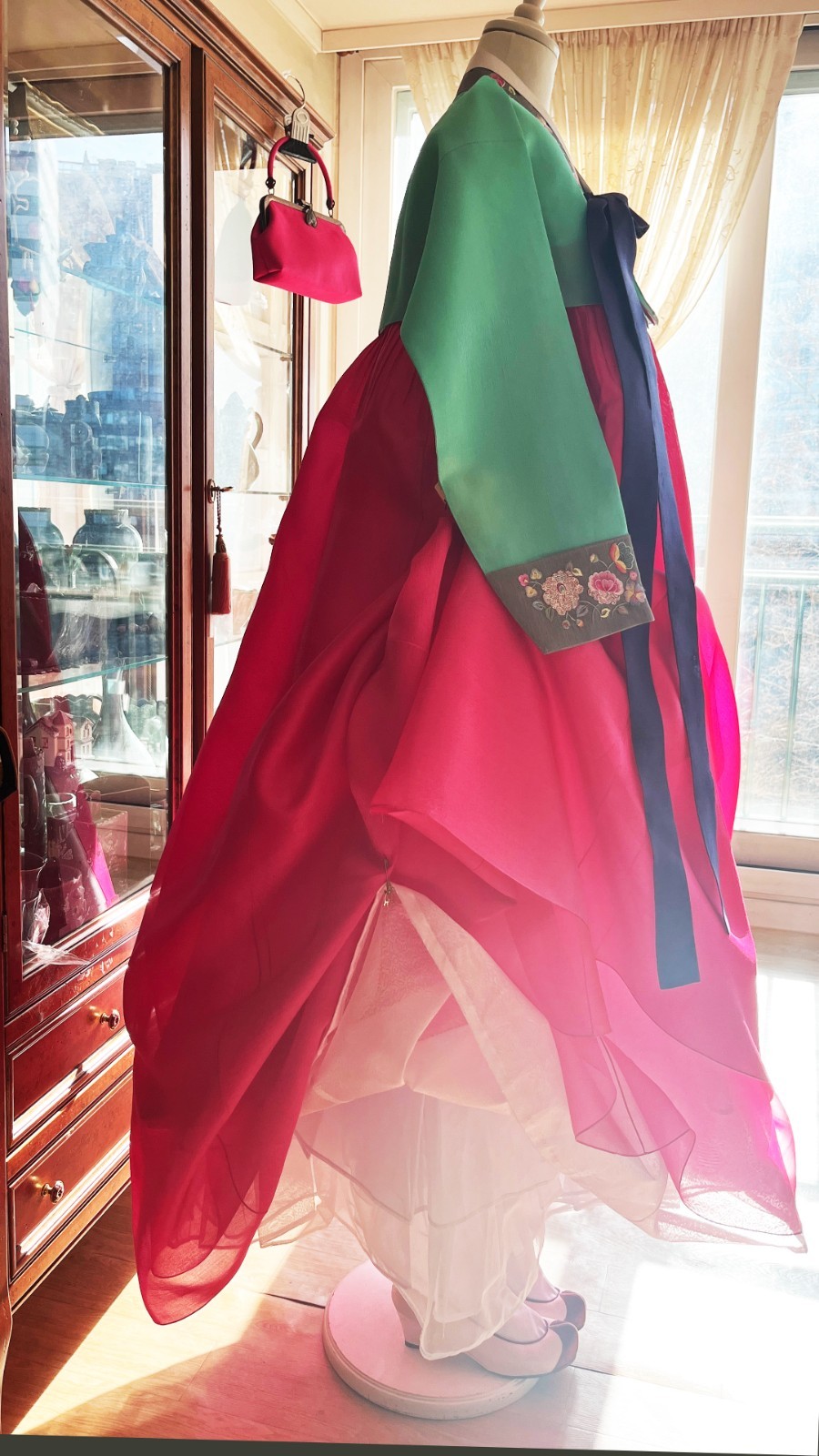 Korean Traditional Dress Silk Hanbok Set-Mint & Pink / Petticoat & Hanbok Bag