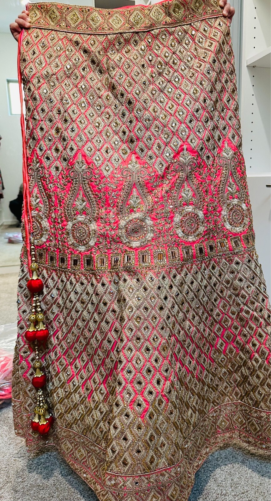 Coral Red color Lengha, Heavy Embroidery- Worn only once