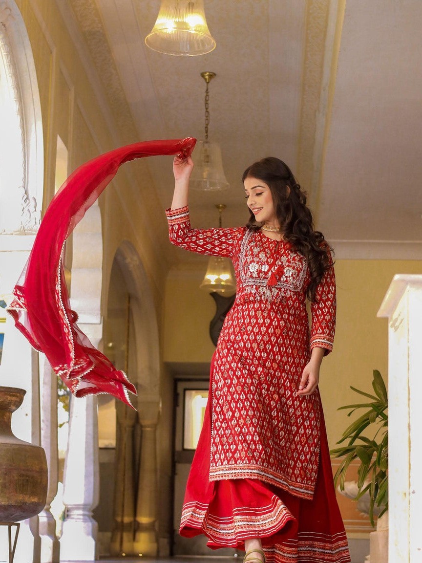 Maroon Cotton Kurta Palazzo Set with Net Dupatta for Women Ethnic Suit Plus Size