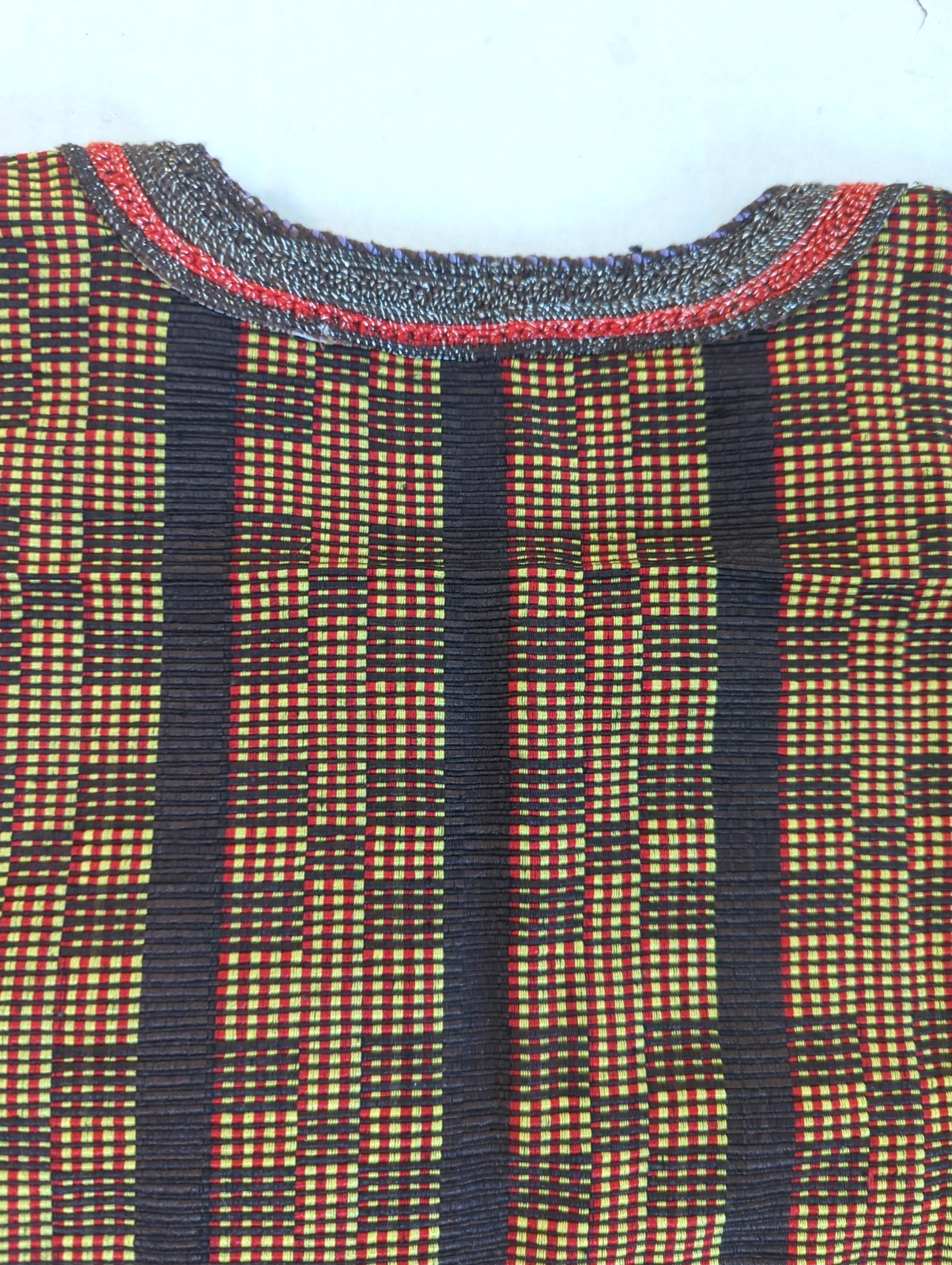 African Woven Embroidered Top XL Open Sides Metallic Thread Centerpiece Stunner