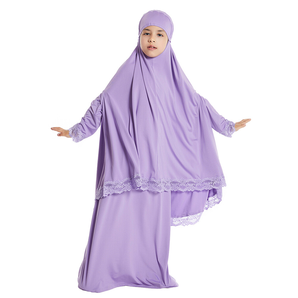 Two Piece Girls Kids Overhead Khimar Hijab Skirt Set Muslim Girls Prayer Dress
