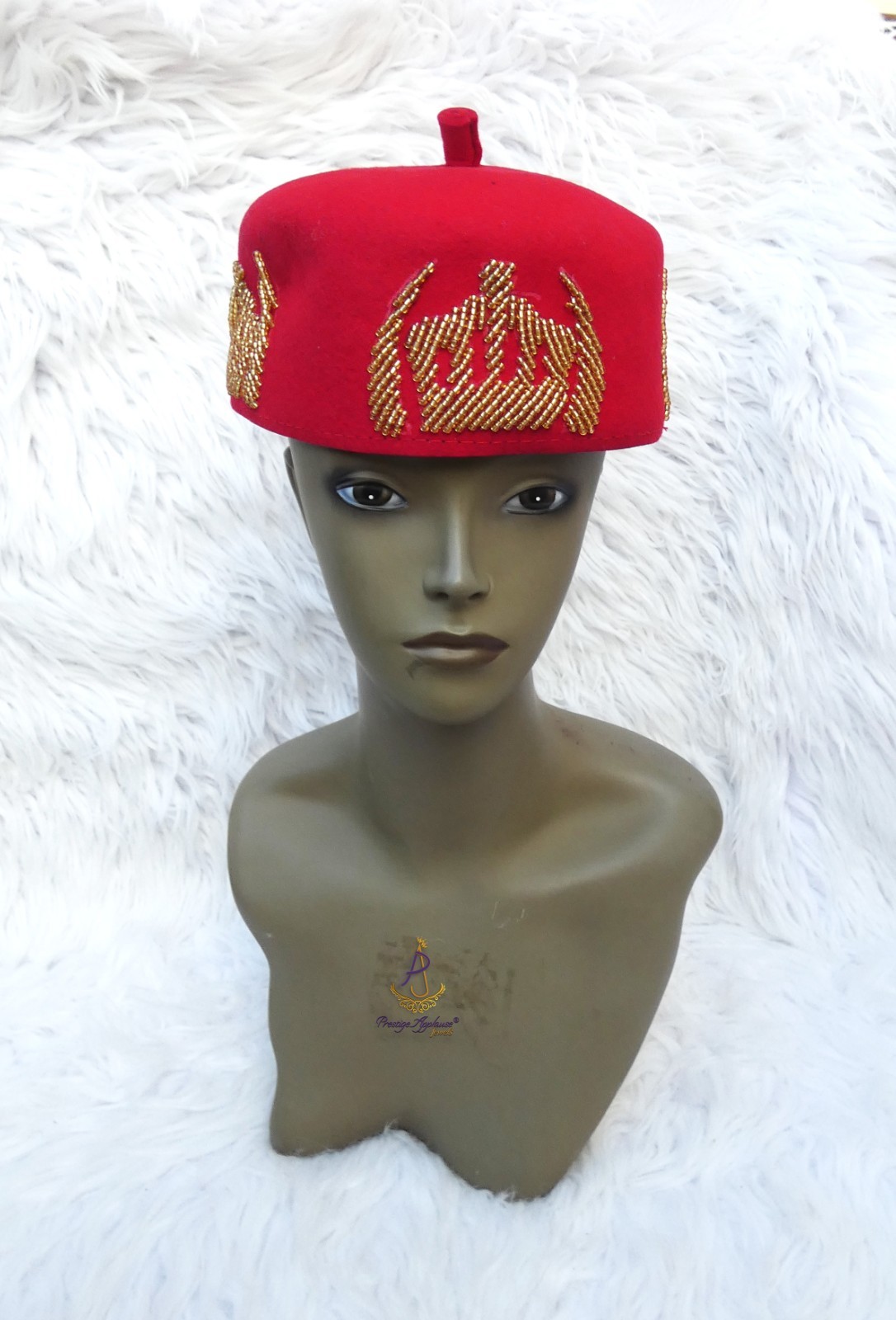 Igbo Edo Chieftaincy Ozo Red Hat | Nigerian Men’s Cap with Gold Embroidery