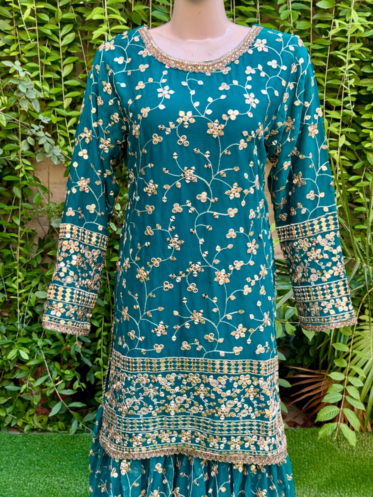 Pakistani Teal Straight Style Embroidered Sequins Chiffon Gharara Dress,L