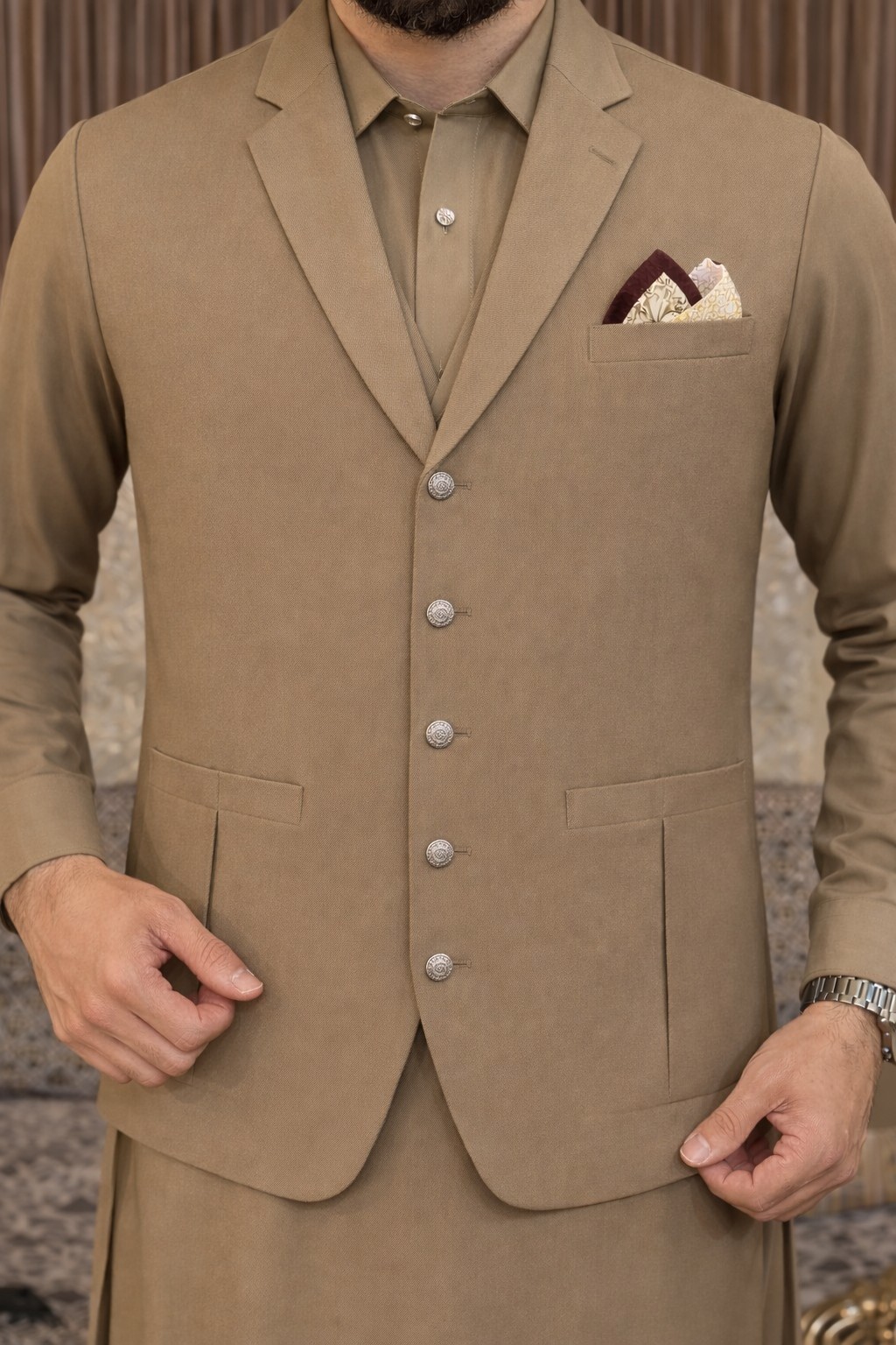 Pakistani Men’s Khaki Taylor STICHED Traditional Waistcoat Medium