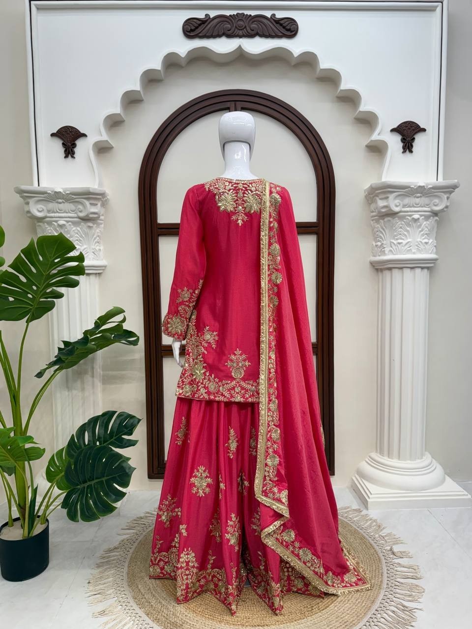 Latest New Chinon Silk Pink Top Palazzo With Dupatta For Wedding Wear