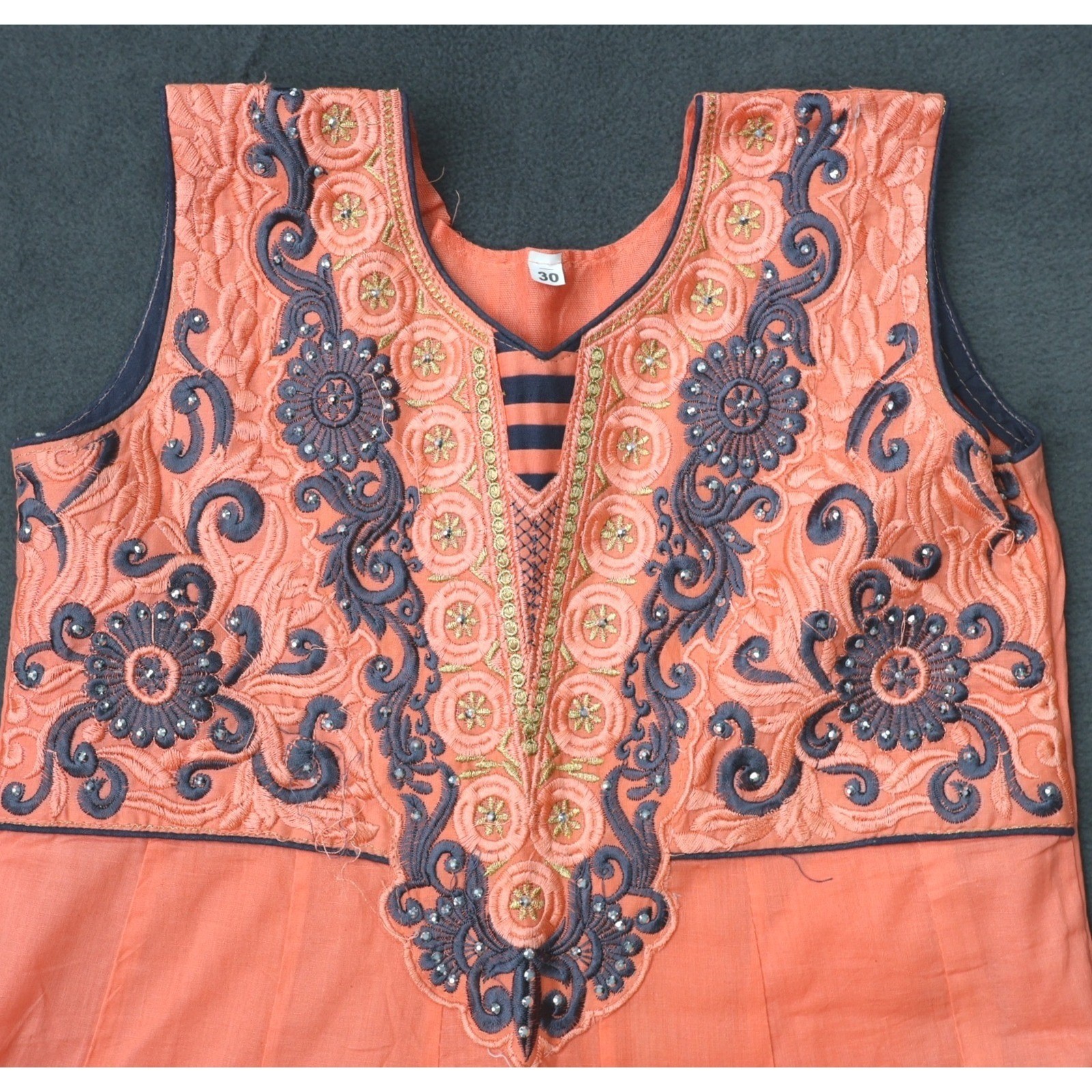 Unbranded Anarkali Kurta Women 30 Peach Excellent Embroidered Sleeveless Kurti