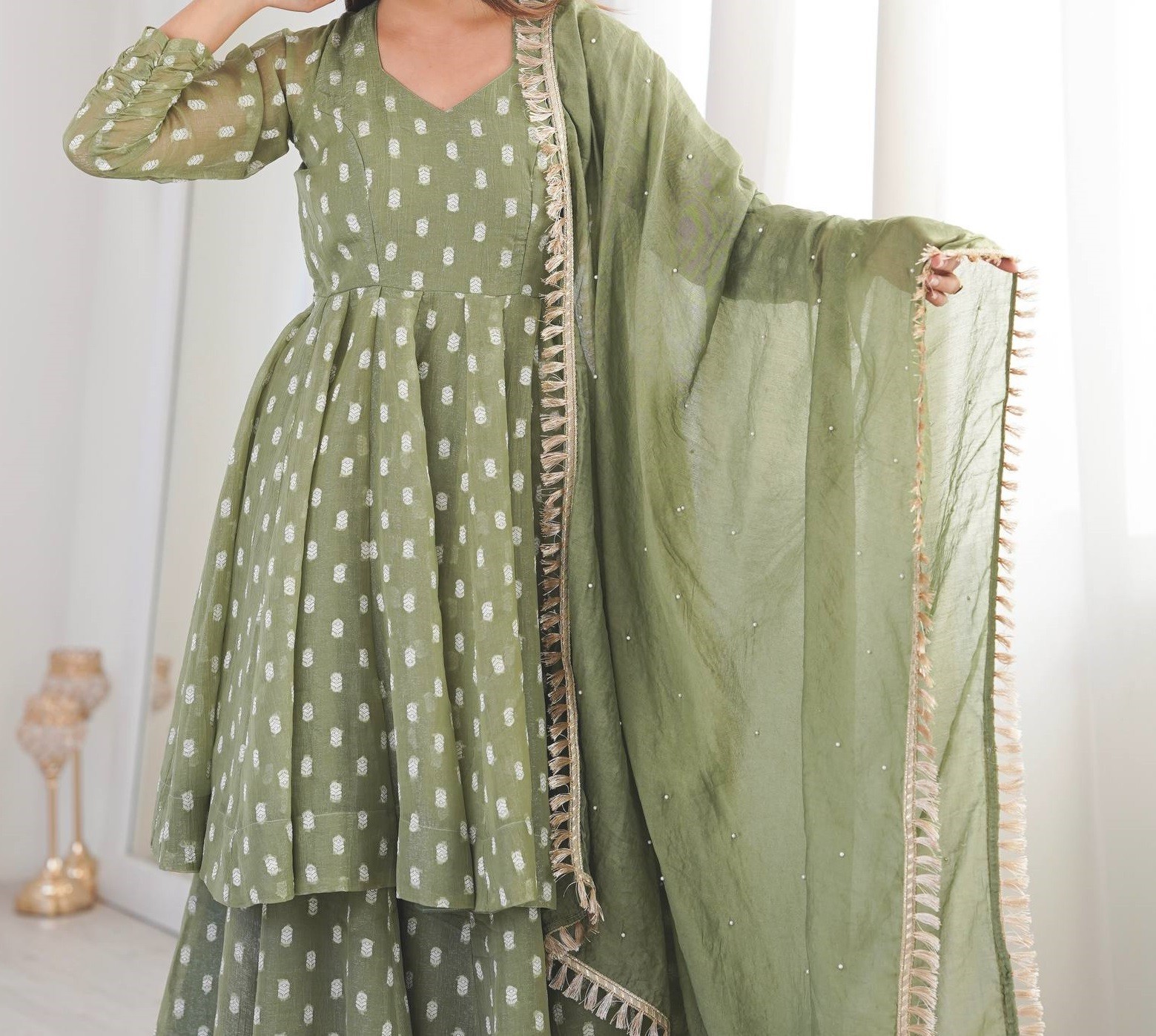Stylish Heavy Crunchy Silk Green Top Palazzo With Dupatta For Wedding Wear