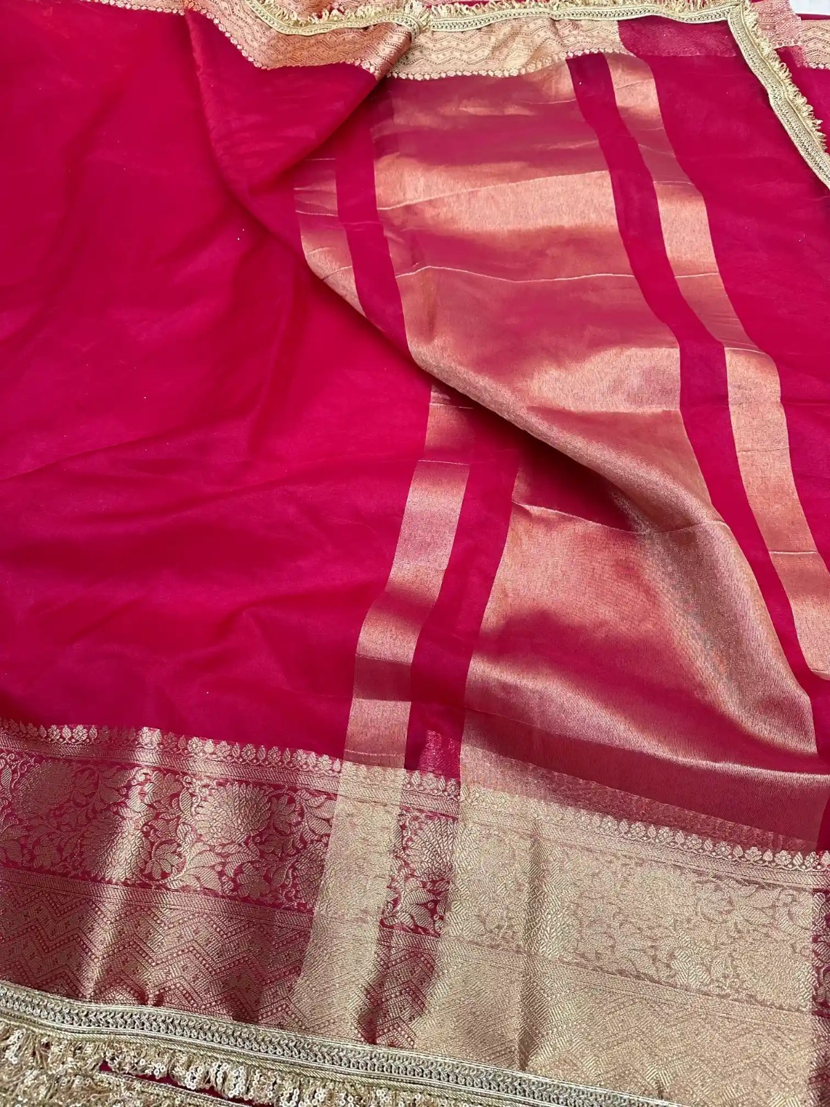 Women Dark Pink Tissue Silk Banarasi Saree Lace Work Unstitched Blouse Piece