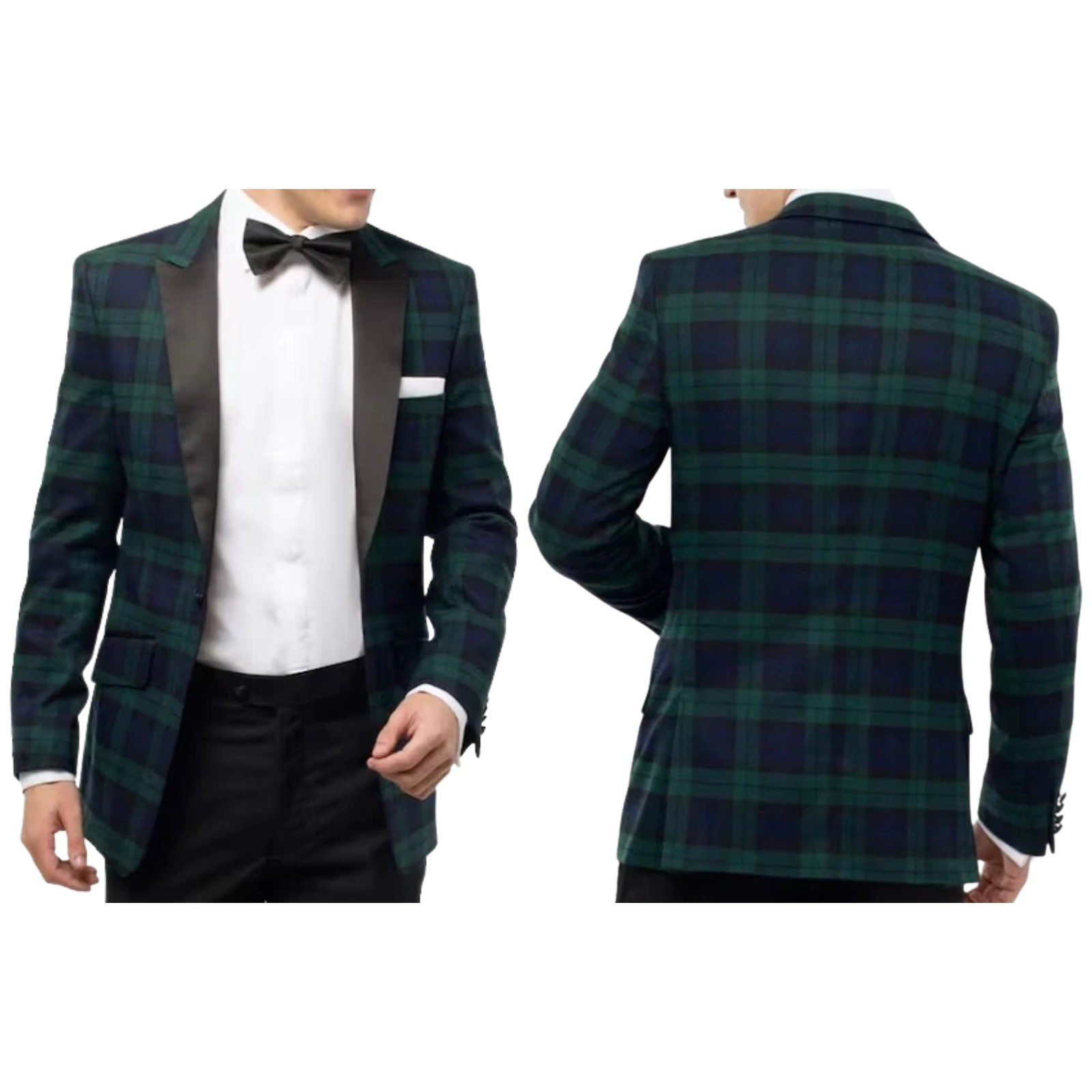 Mens Tartan Plaid Blazer Formal Dinner Jacket Satin Lapel Check Pattern Coat