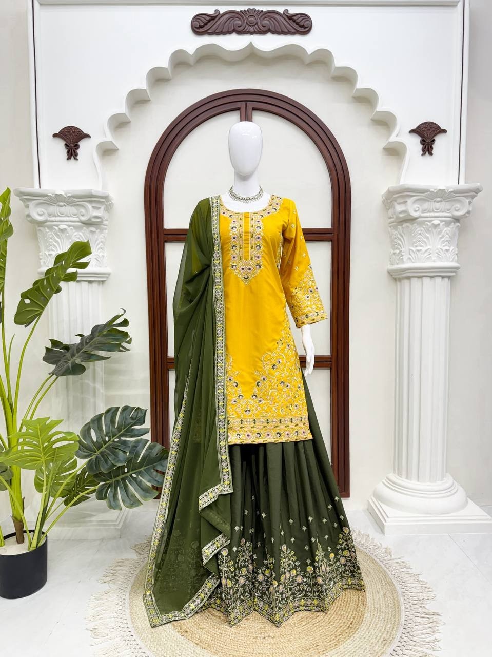 Latest Stylish Natural Crep Yellow Top Palazzo With Dupatta For Reception Wear