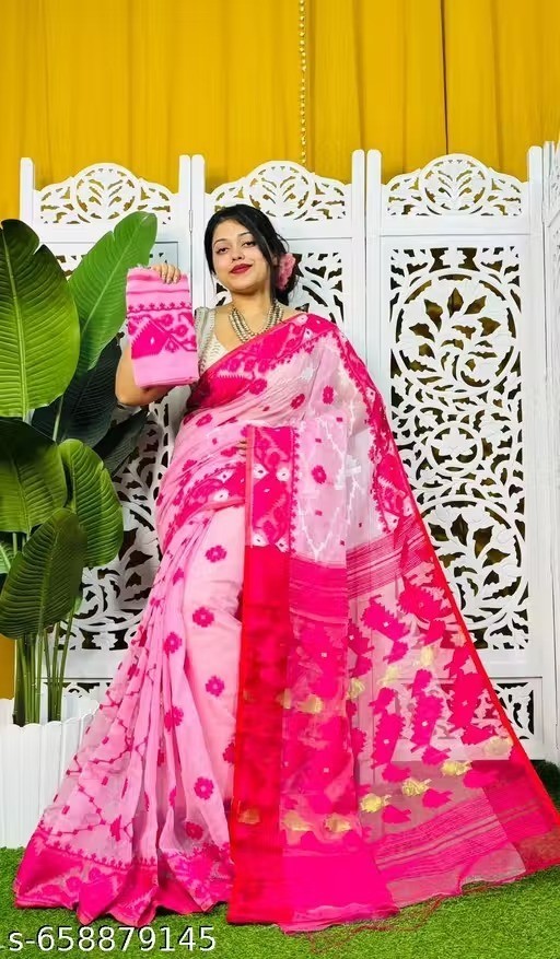 Traditional Bengali Handmade Jamdani Saree With Unstitched Bloused Wedding Wear