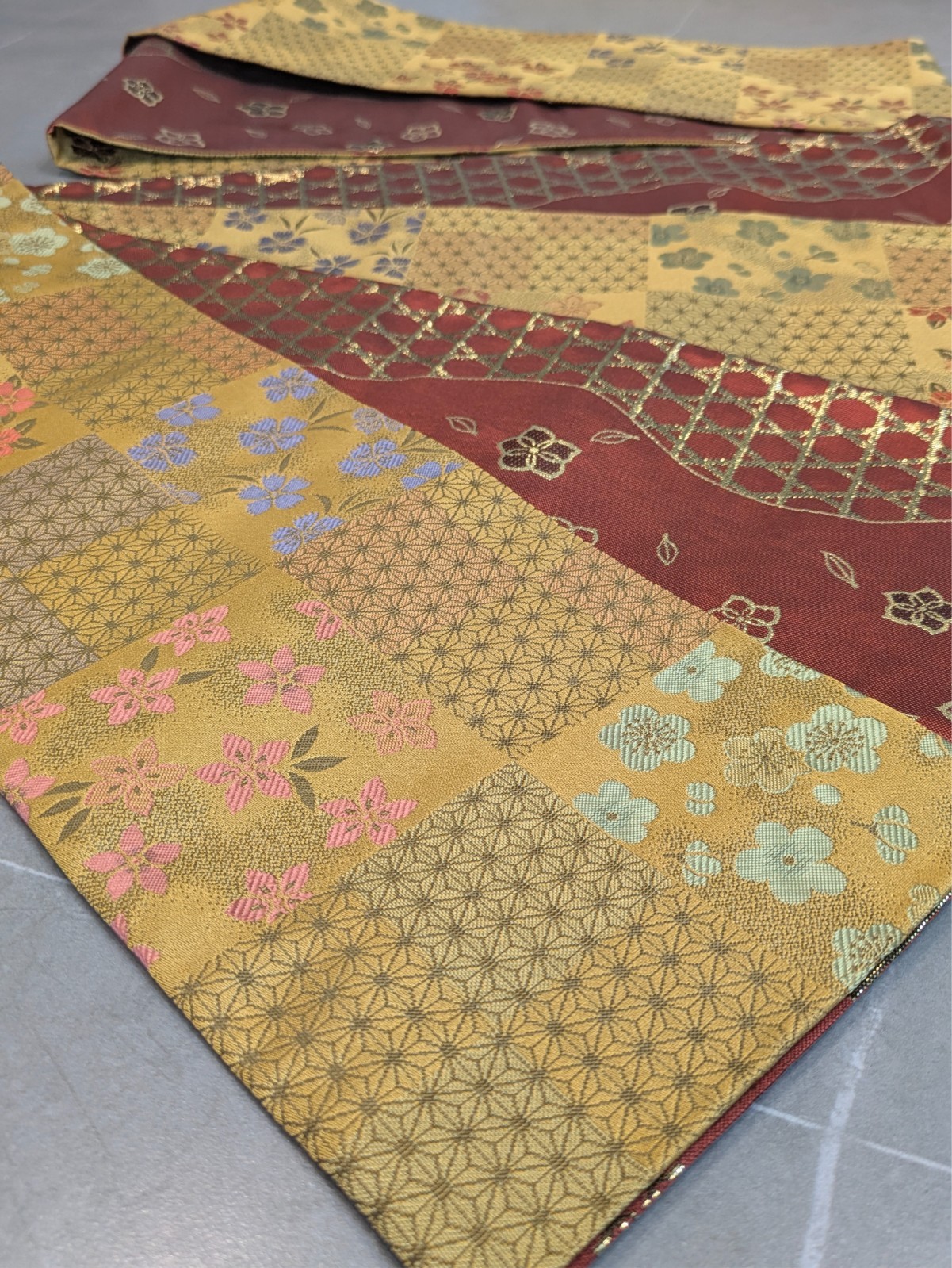 Japanese Kimono Half Obi Gold Red Reversible Floral Geometric Washable Material